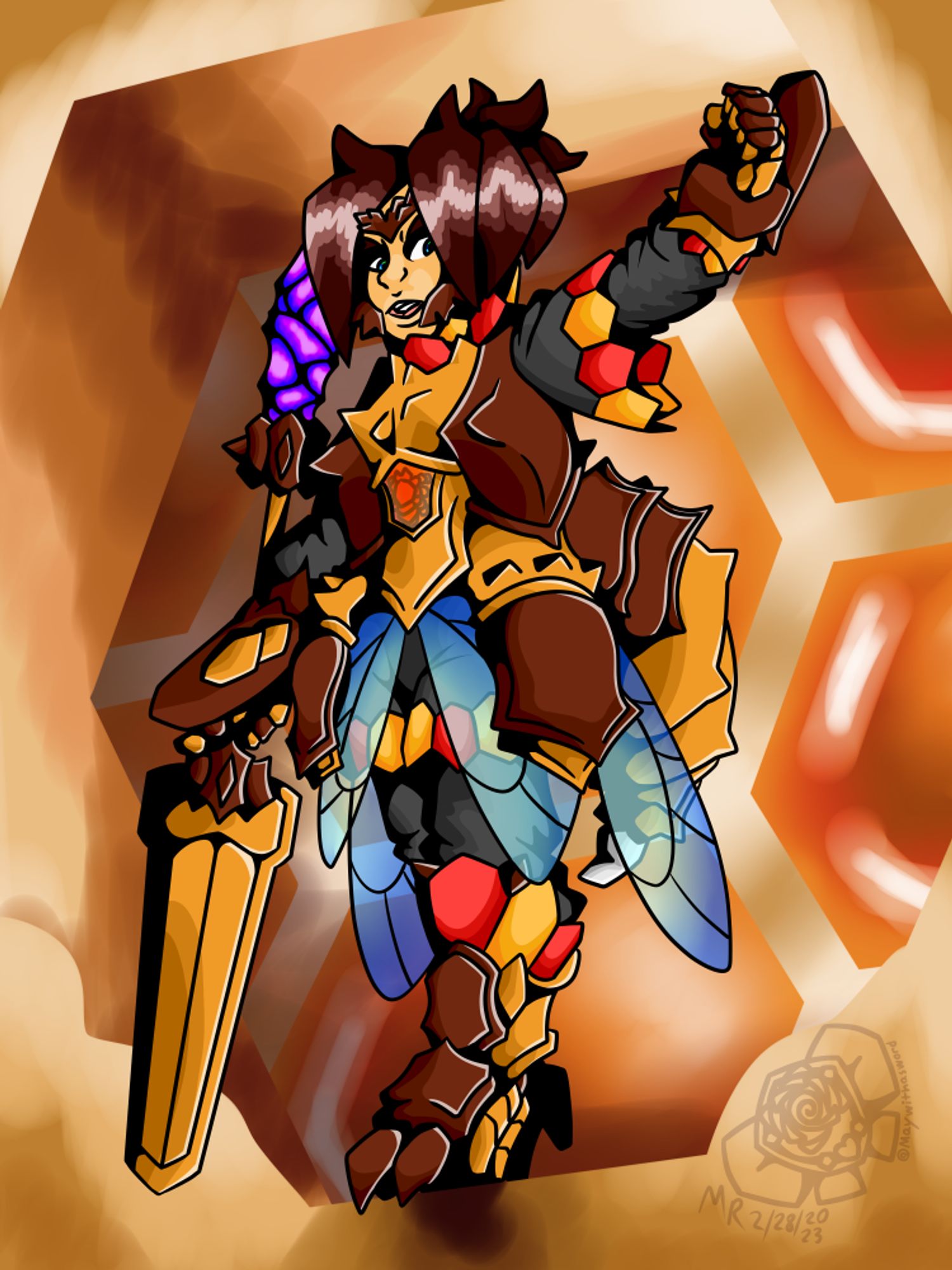 A drawing of a woman wearing an insect-like suit of armor made up of layered plates and jagged edges. The armor she wears is comprised of two layers of insect shell armor, one set a dark reddish brown, and one a orange-ish yellow. The armor is covered in jagged spikes and shape edges, yet is naturally curved and not geometric. From the back side of her armor hangs a giant armored abdomen with multiple segments and a curved stinger at its end. Under the waist armor and over her pants are 4 clear blue insect wings with a veined pattern over their surface. Underneath the armor she wears black cloth, on her arms, a short flared sleeve is layered over a normal sleeve that reaches to her gauntlets, and over her pants are two flared shorter pant legs. One the fabric are hexagonal patterns which alternate between red and orange. Those patterns are also present on her collar, gauntlet cuffs, boots, and pants. Her armored boots feature claw like points, two at the front and one blunt claw at the back like the heel of a high heel. On her head and face she wears a tiara like band across her forehead, and two jagged cheek guards that resemble insect mandibles. In her right hand is a Glaive with a wide edged tip pointing towards the ground, and a large purple crystal at the other end. The background shows the character standing in a large hexagonal hole with wax build ups at its lower edges. Behind her and some distance away from where she stands is a large set of giant honeycombs each filled with orange honey.