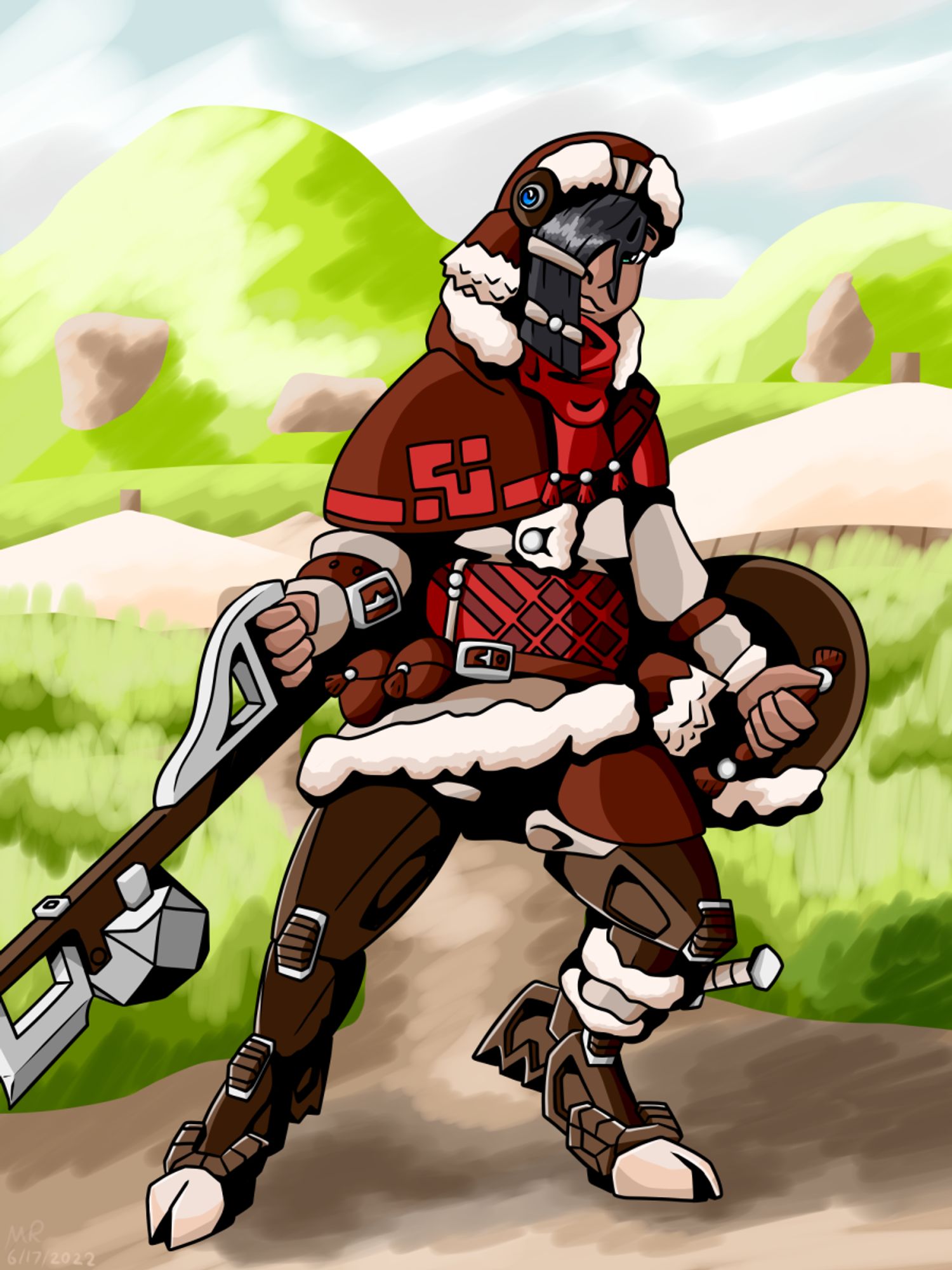 A drawing of a character in a dark red, cream, and dark brown outfit. The characters clothing is thick, layered, and partially furred. They wear a thick hat, have a hood and scarf draped down and around their neck, and a short skirt over the tops of their legs. Their legs are wooden prosthetics that are animalistic multi jointed legs like horse or goat legs. Multiple parts of the outfit have geometric square patterns as decoration, and two tone tufts of fur, metal beads, leather straps, and a blue gem are also present as decorative elements. In the characters left hand they hold a small shield, and strapped to their right arm is a forearm cane that also features a squared off axe head, and a heavy geometric metal cube-like object that acts like a blunt weapon. The background features a grassy area with tall hills and or mountains in the background. The character stands on a dirt path that leads to two large Yurts covered in tan fabric and have wooden sides and chimneys.