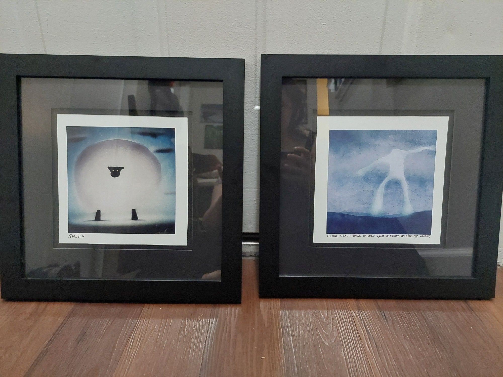 Two beautiful pieces of spooky, ethereal art, one a big goofy sheep and the other a wispy cloud giant.