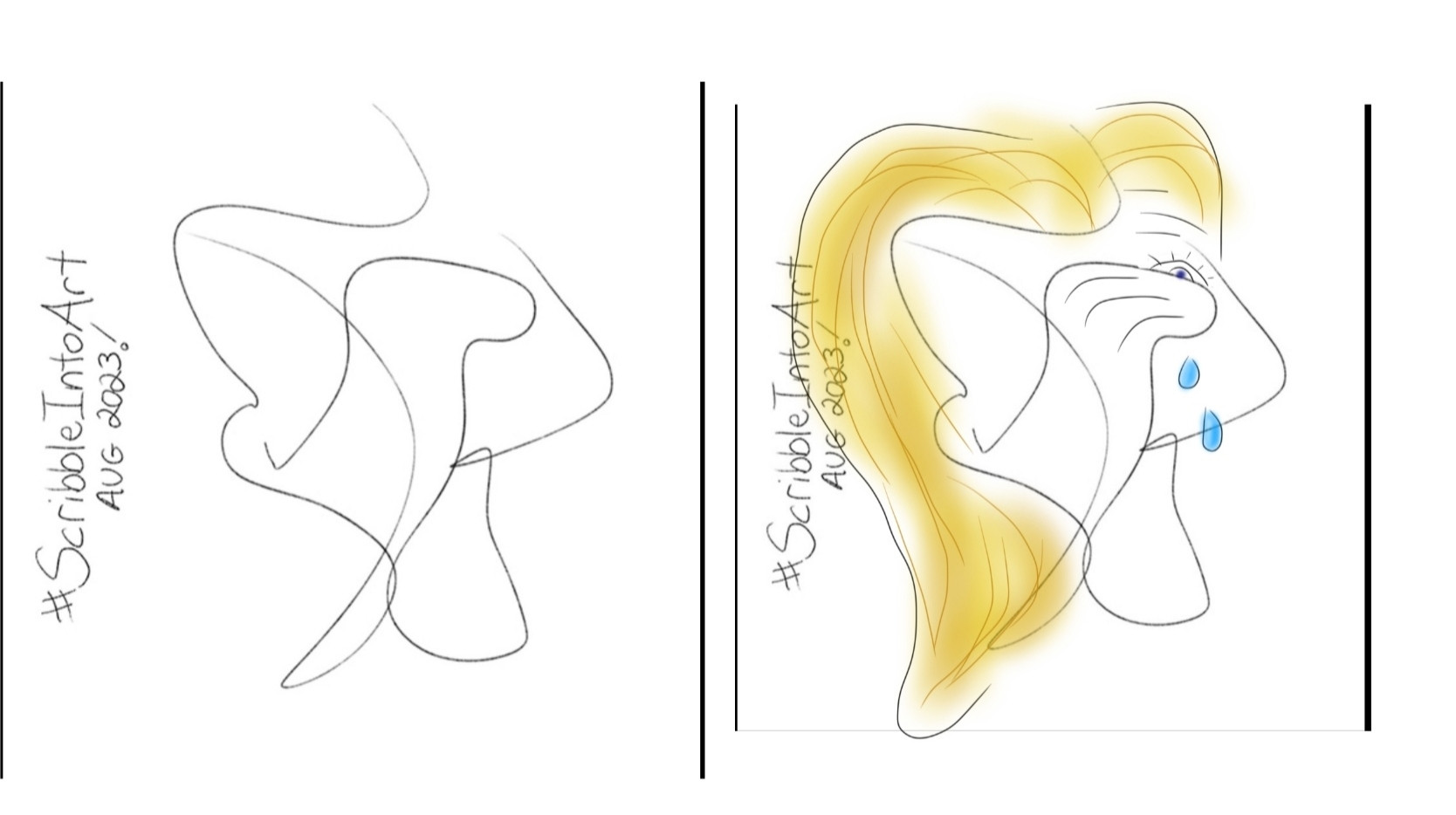 Schwarzweißkritzelei links, aus der im Bild rechts durch Farben und zusätzliche Linien ein weinender Frauenkopf wird