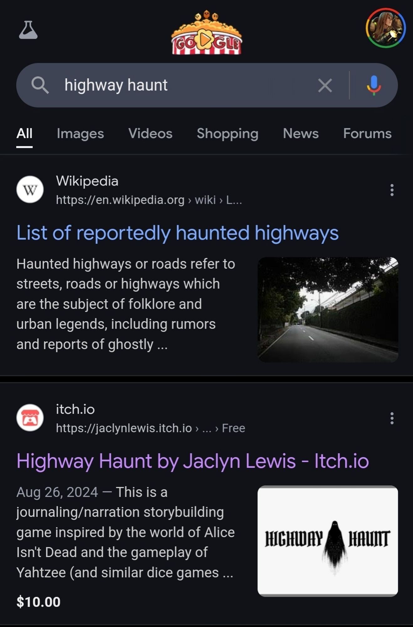 Google search results for "highway haunt" (quotes not used in search query). The first is a Wikipedia list of reportedly haunted highways; the second is a listing for a game of the same name by Jaclyn Lewis on itch.io