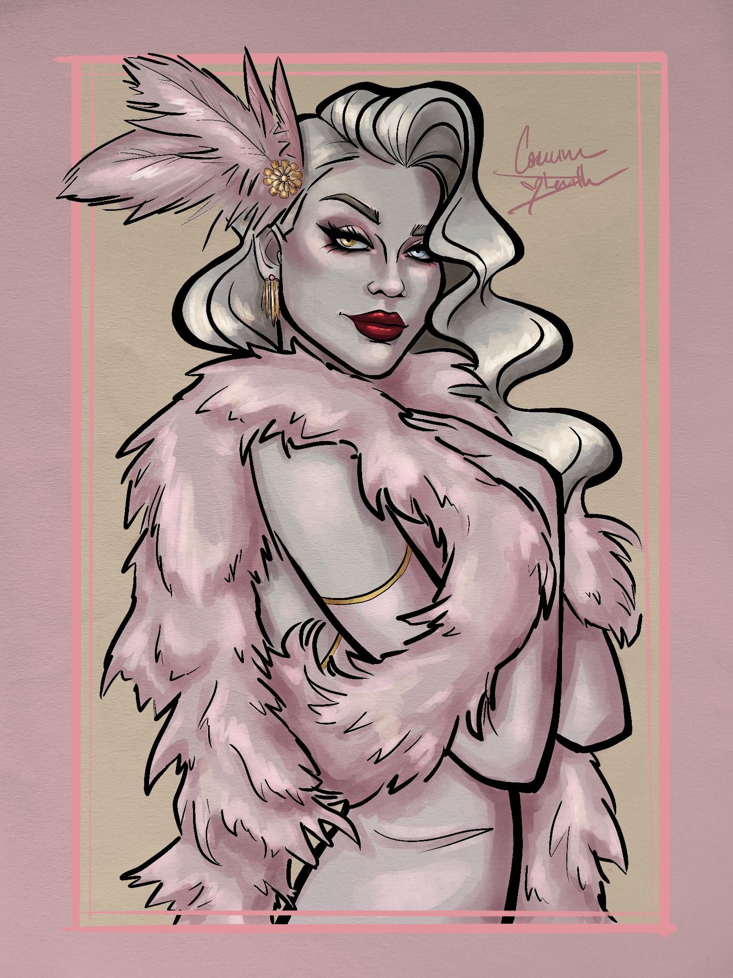 OC, Zoya
Artwork of a pale platinum blonde burlesque showgirl with one gold eye and one blue eye. She wears all pink with a pink feather boa wrapped around her shoulders, and holds her hands delicately to her chest.