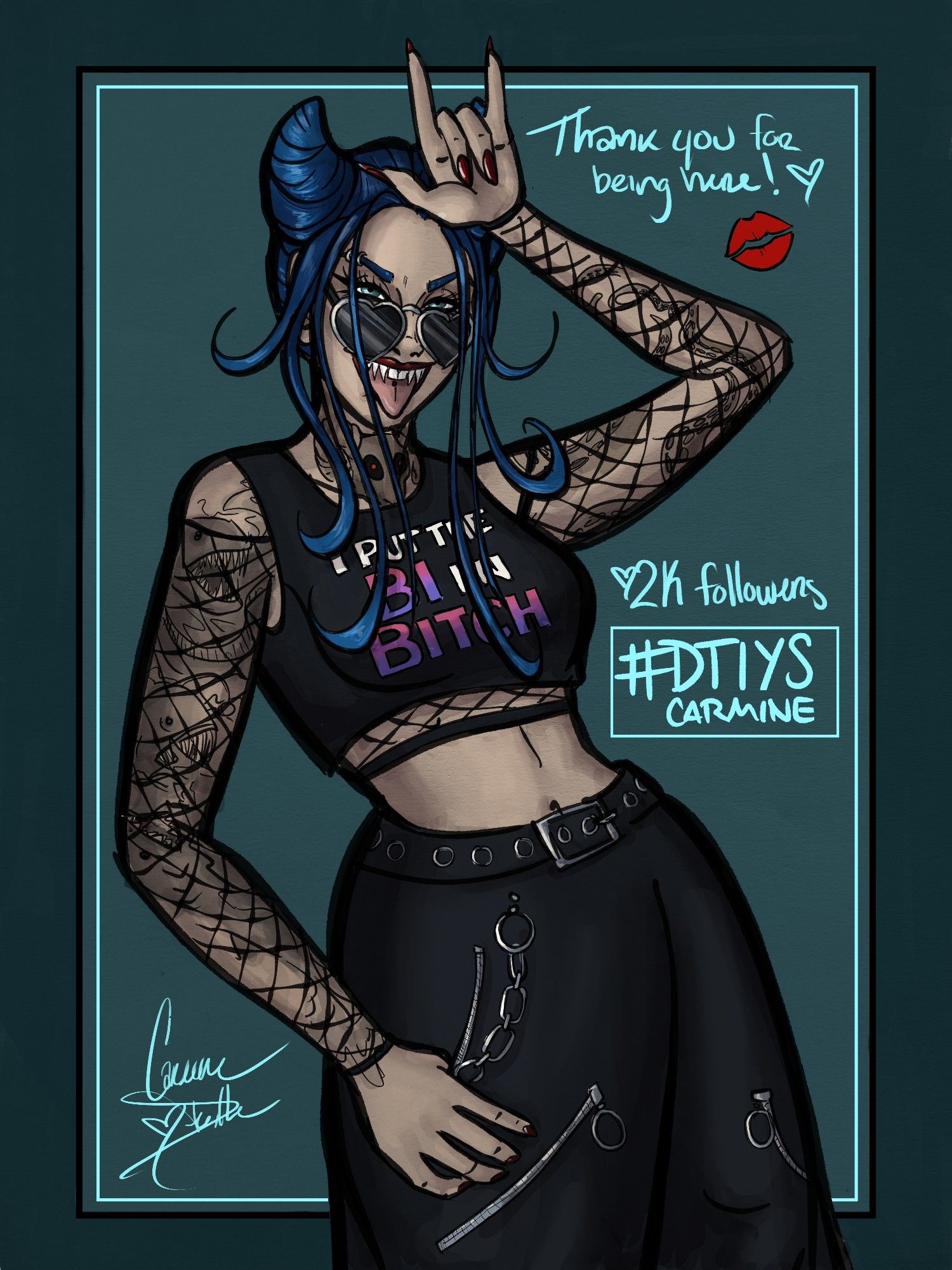 OC, Marcela
Digital artwork of a blue-haired woman with her hair twisted into pointed space buns posing with her hand in a "rock on" position at her forehead like devil horns and her other hand loosely tucked into the pocket of her loose pants. She wears black heart sunglasses and a black crop top reading "I put the BI in BITCH" over a fishnet top, and sticks her tongue out playfully, showing off her pointed teeth.