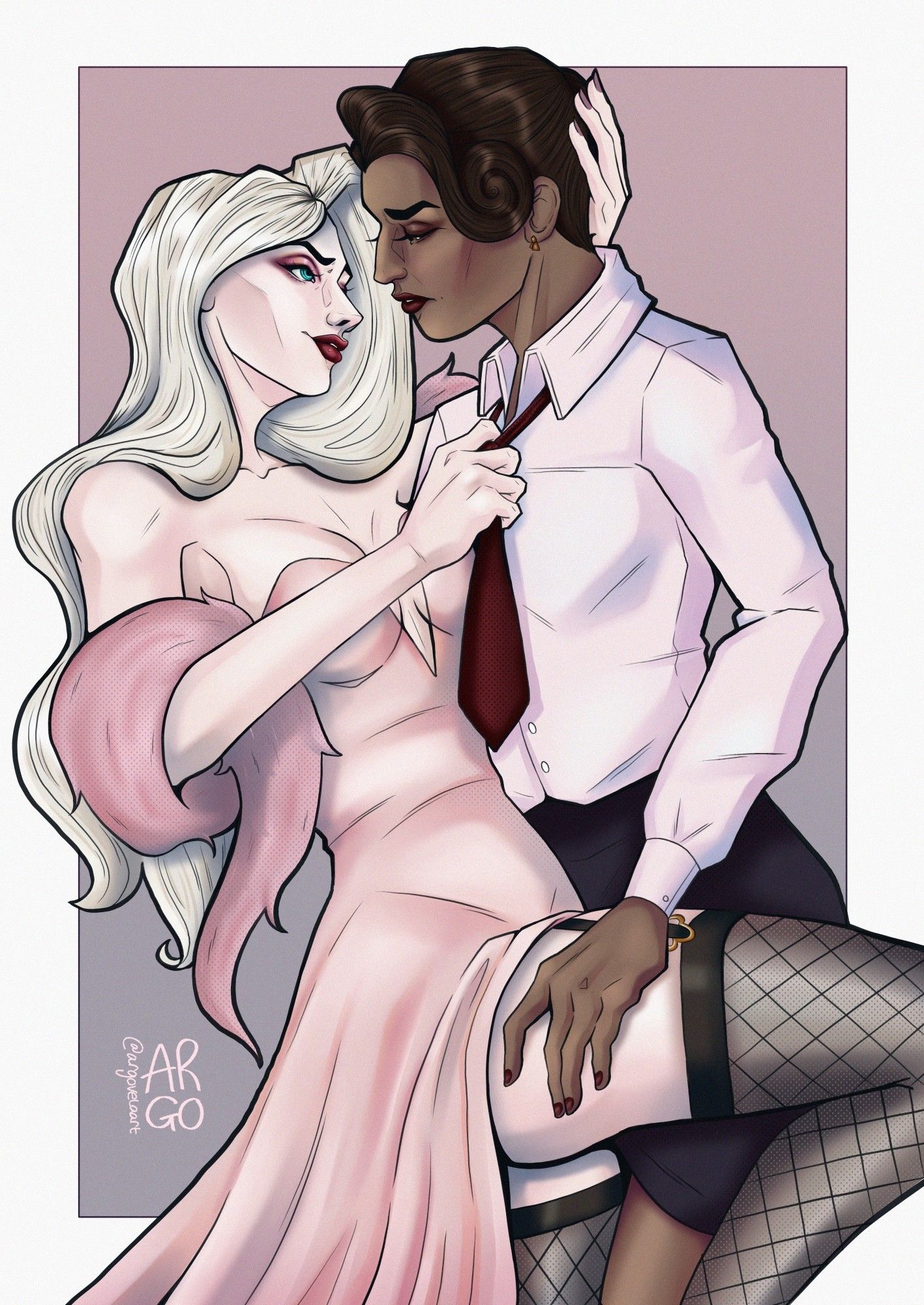 Commission by @argovelaart depicting Carmine's OCs, Zoya and Lucita.
Digital painting is of two women in ambiguously 1940s-style clothes. The darker-skinned brunette woman (Lucita) wears a skirt suit and romantically dips the pale blonde woman (Zoya), who wears a pink dress with fishnet garters and playfully tugs Lucita down by her red necktie.