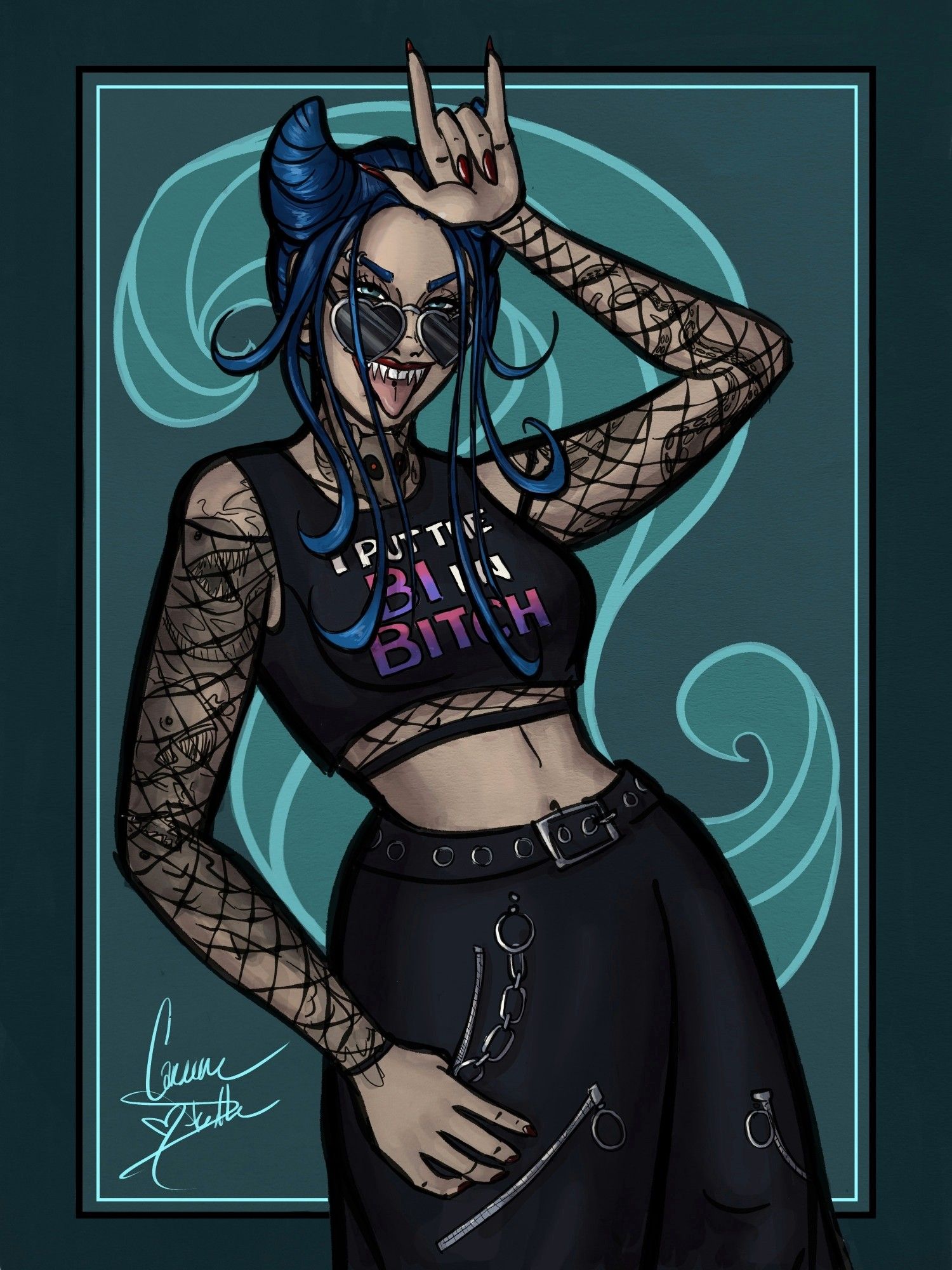 Digital artwork of a blue-haired woman with her hair twisted into pointed space buns posing with her hand in a "rock on" position at her forehead like devil horns and her other hand loosely tucked into the pocket of her loose pants. She wears black heart sunglasses and a black crop top reading "I put the BI in BITCH" over a fishnet top, and sticks her tongue out playfully, showing off her pointed teeth.