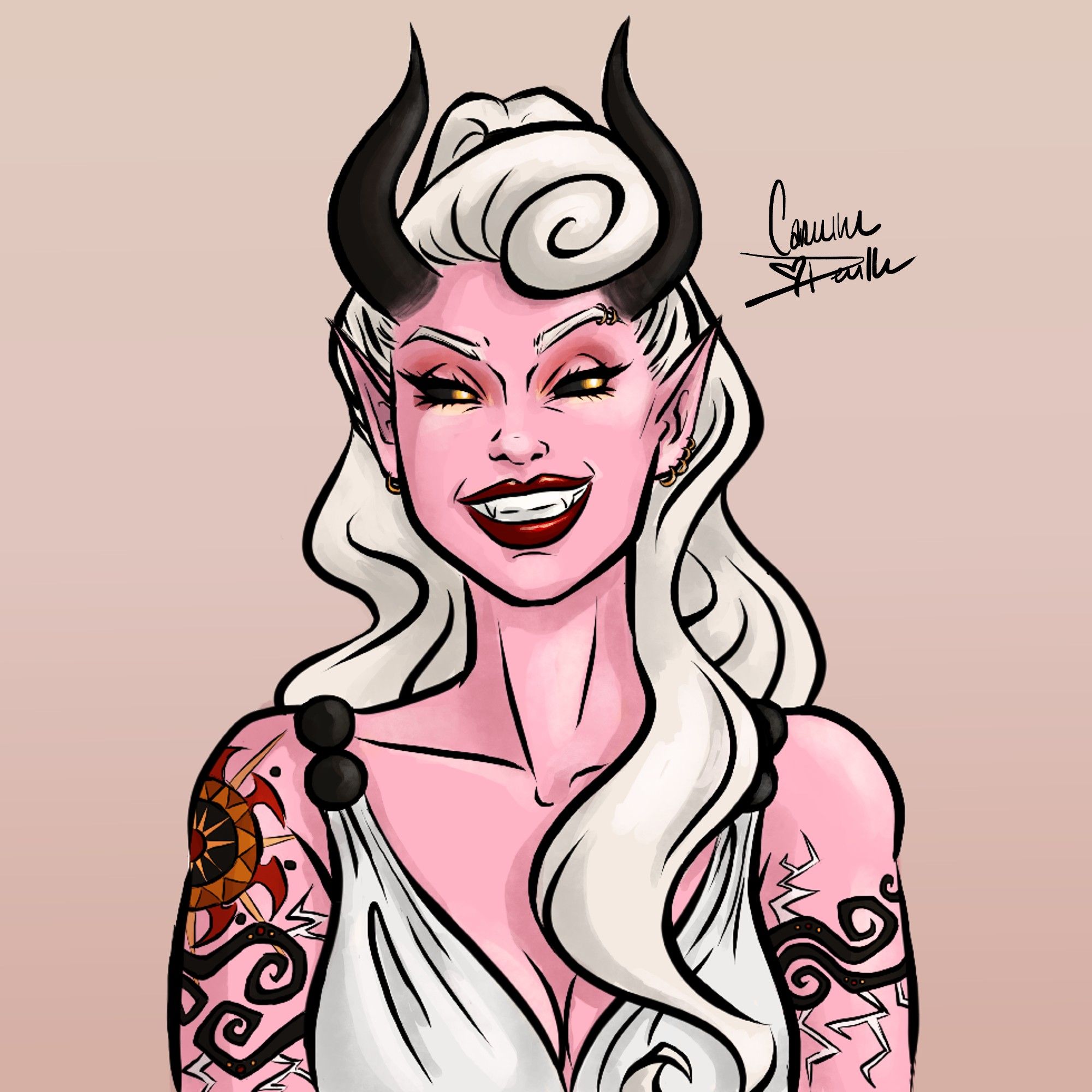 OC, Vyss
Concept portrait of a pink Tiefling woman grinning crookedly. She wears her long white hair in a high ponytail with a victory roll, and sports stylized tattoos of stormclouds and the sun on both arms.