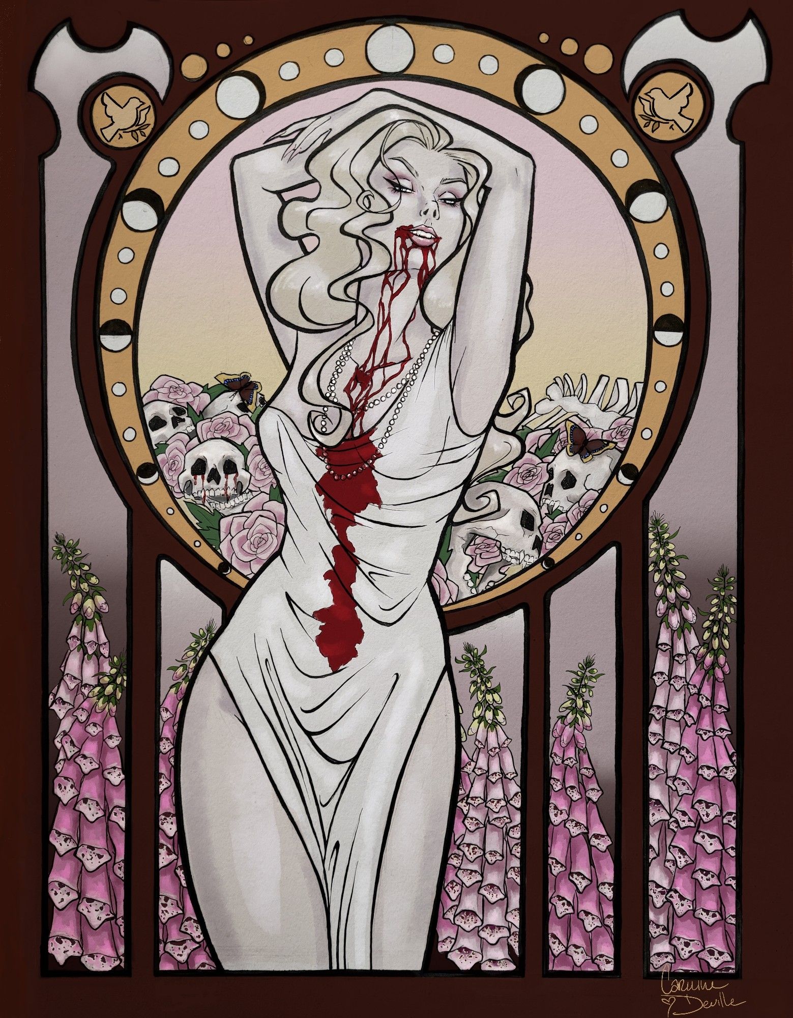 "More Bitter Than Sweet," brush pen on paper and digital rendering, featuring my OC, Victoria Sweet
Art nouveau style image of a pale woman posed with her arms above her head against a pink, rust, and gold background. Skulls, ribs, and pink roses are piled behind her and foxgloves in various shades of pink grow from the bottom of the page. Blood drips from the corners of her grinning mouth and spills down the front of her dress.