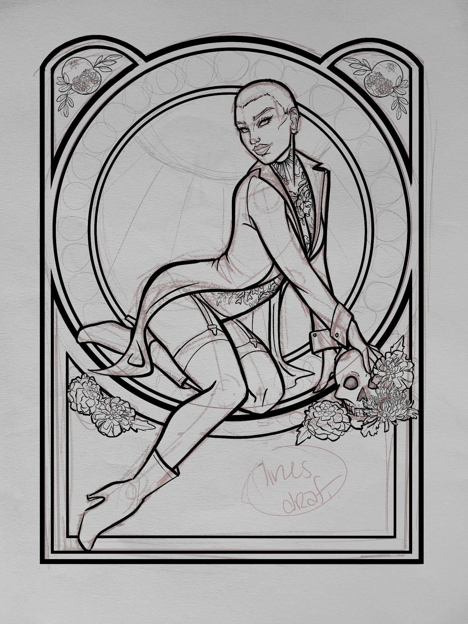 Feymien's OC, Maeve
Linework and sketch layer of a tattooed woman with a shaved head in a pinup pose against a simple geometric background with pomegranates, marigolds, and a chrysanthemum. She wears a suit jacket and garters, and leans on a human skull with one hand.