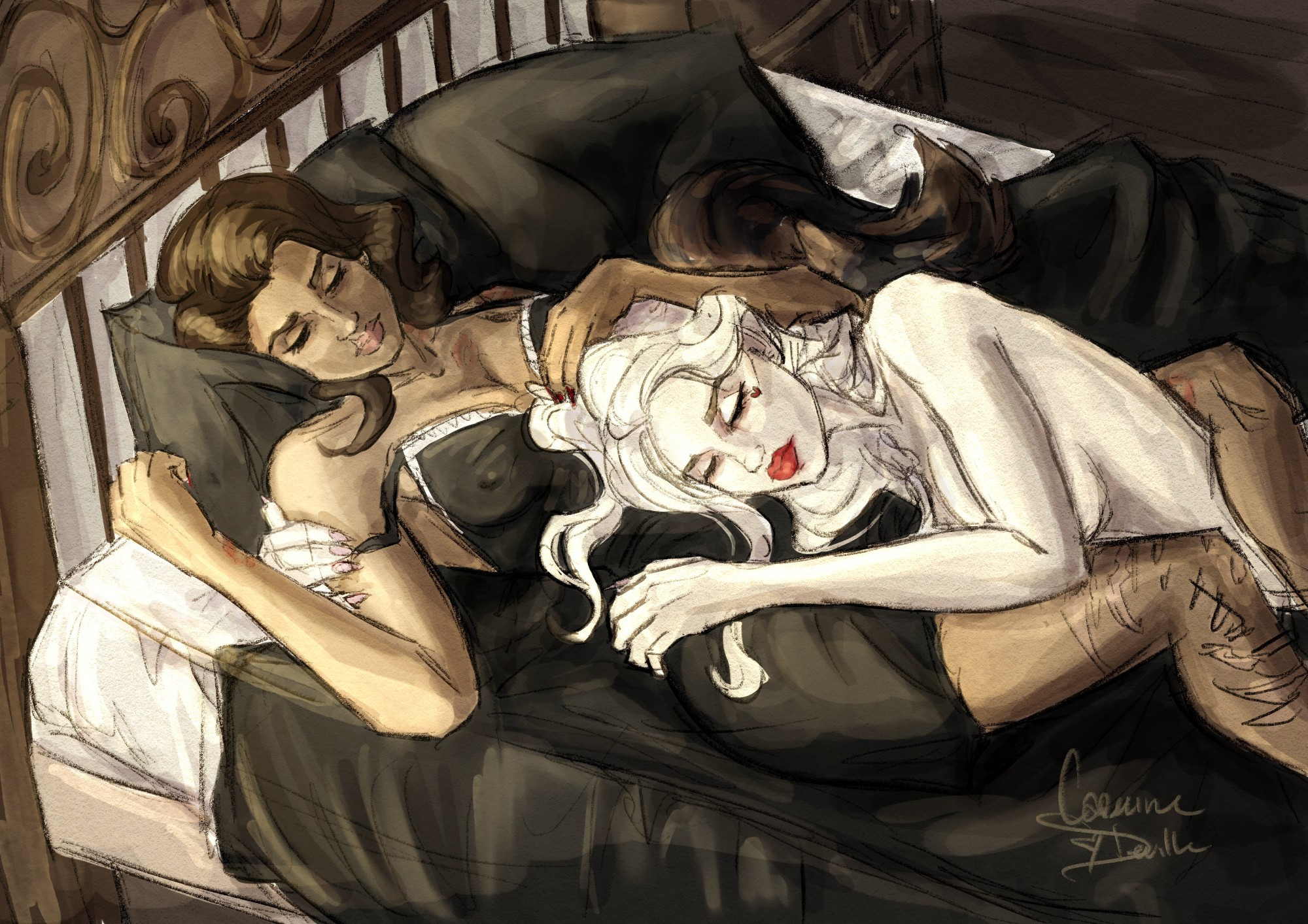 OCs, Lucita and Zoya
Digital color sketch of two women cuddling in bed, lit by a warm early morning glow. The blonde wears only last night's smudged red lipstick, and she is using the brunette's stomach as a pillow. The brunette wears a black nightgown and has visible scars on her right leg from mid-thigh down. She is awake and has a leg hooked over the other woman's waist while she drowsily plays with her hair. There are faint traces of red lipstick prints along her neck and collarbone, one on her right wrist, and one on her inner left thigh near her knee.