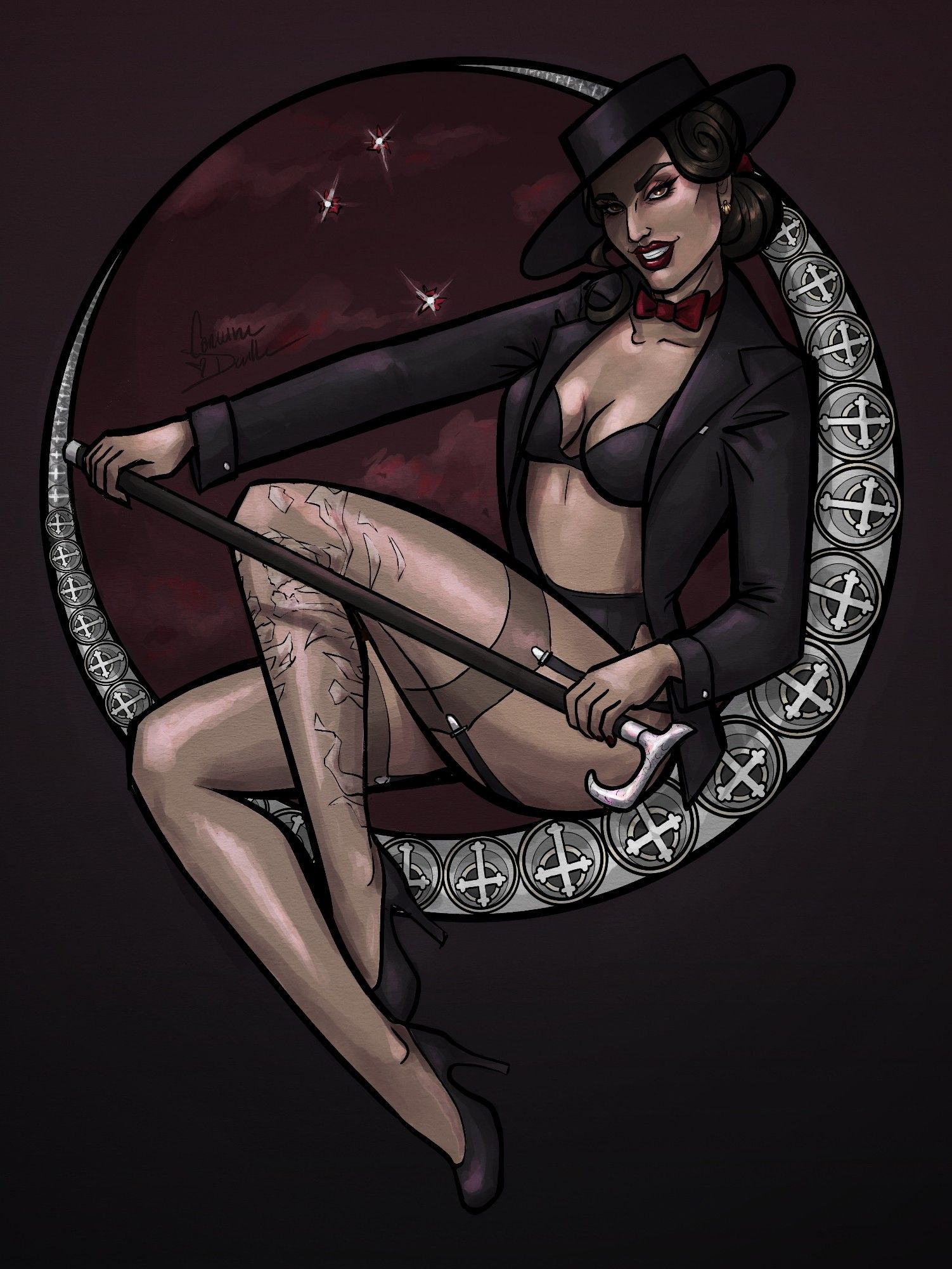 Image of a Latina woman sitting in a pinup pose in a crescent moon decorated with crosses. She wears a black Panama hat and suit jacket, a red tied, and garters, and holds a silver topped cane across her knees. Her left leg is scarred from the mid thigh down.