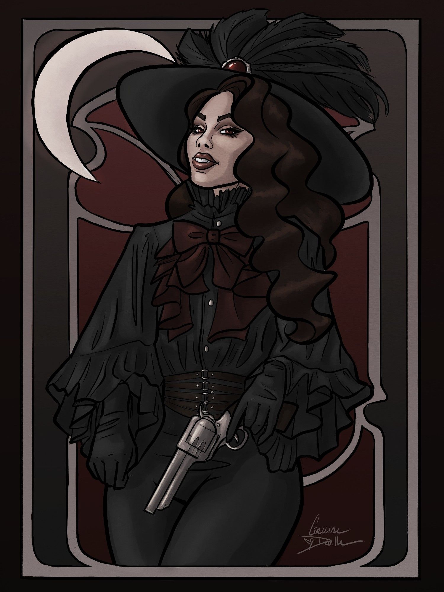 Louisa de la Vega, @dapperdinobot's VtM character
Image of a Hispanic woman wearing a black hat with large feathers, a black ruffled shirt with burgundy bow, and black pants. She leans against a red and grey background with a 19th century revolver in hand. A glowing crescent moon hangs above her to the left.