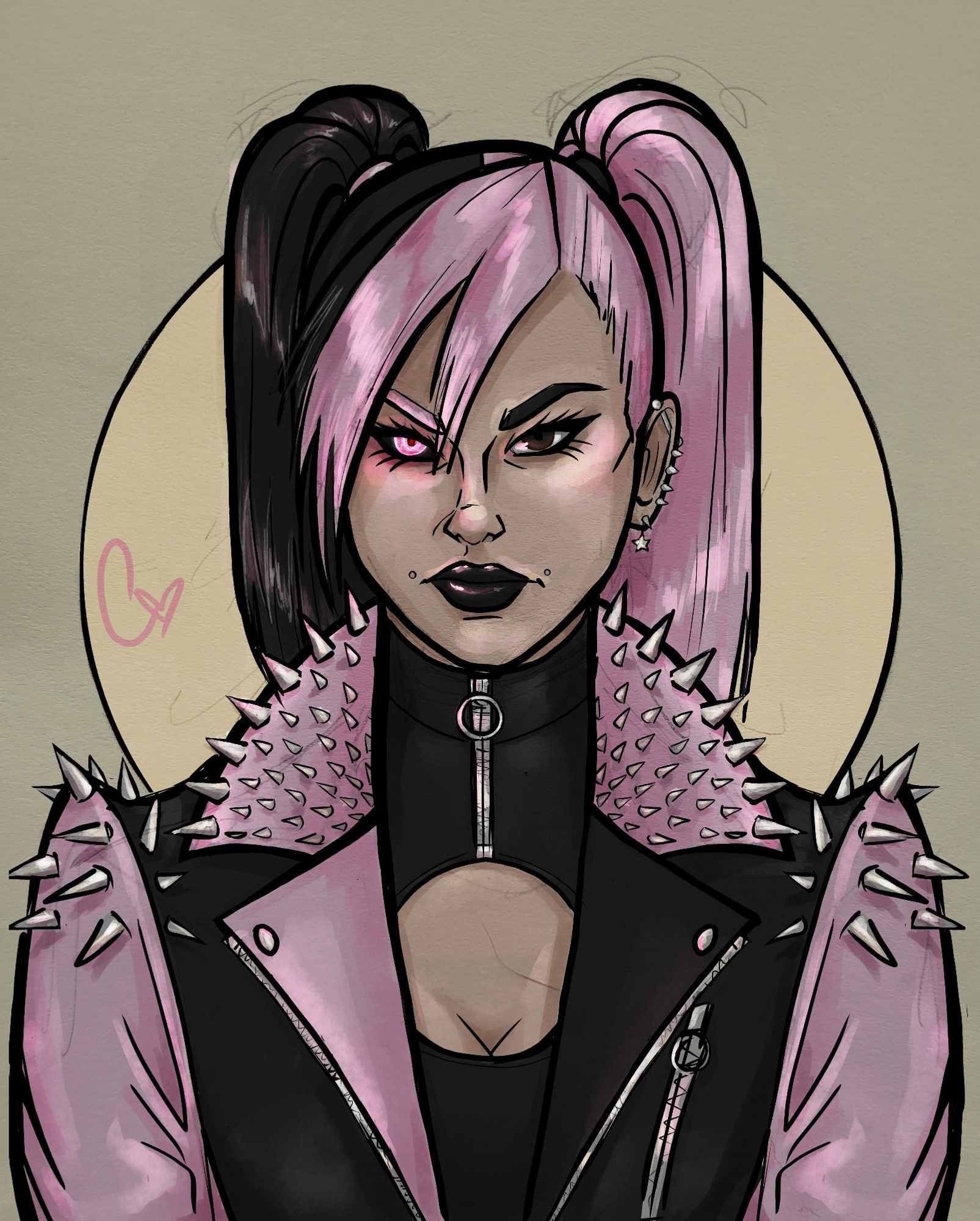 OC, Bunny
Image of a glaring woman with split dye pink and black hair pulled into high pigtails. She wears a matte pink and black jacket studded with large spikes around the shoulder and collar. One eye is cybertronic and glows vibrant pink.
