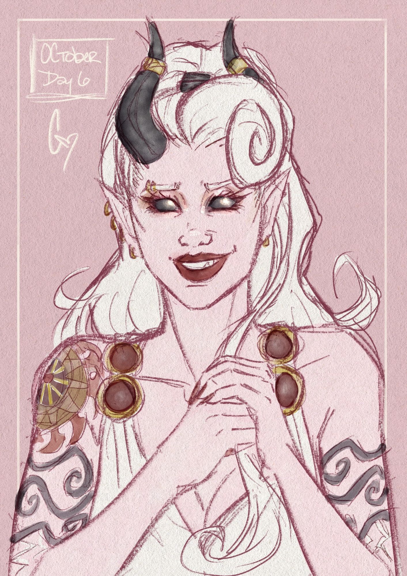 Digital color sketch of a pink tiefling woman with stylized sun and stormcloud tattoos and white hair in a high ponytail with a big victory roll in the front. She nervously plays with a lock of hair with both hands and grins apologetically. She's got the same energy as a dog wagging its tail when you've walked in to see it shredded all your couch pillows.