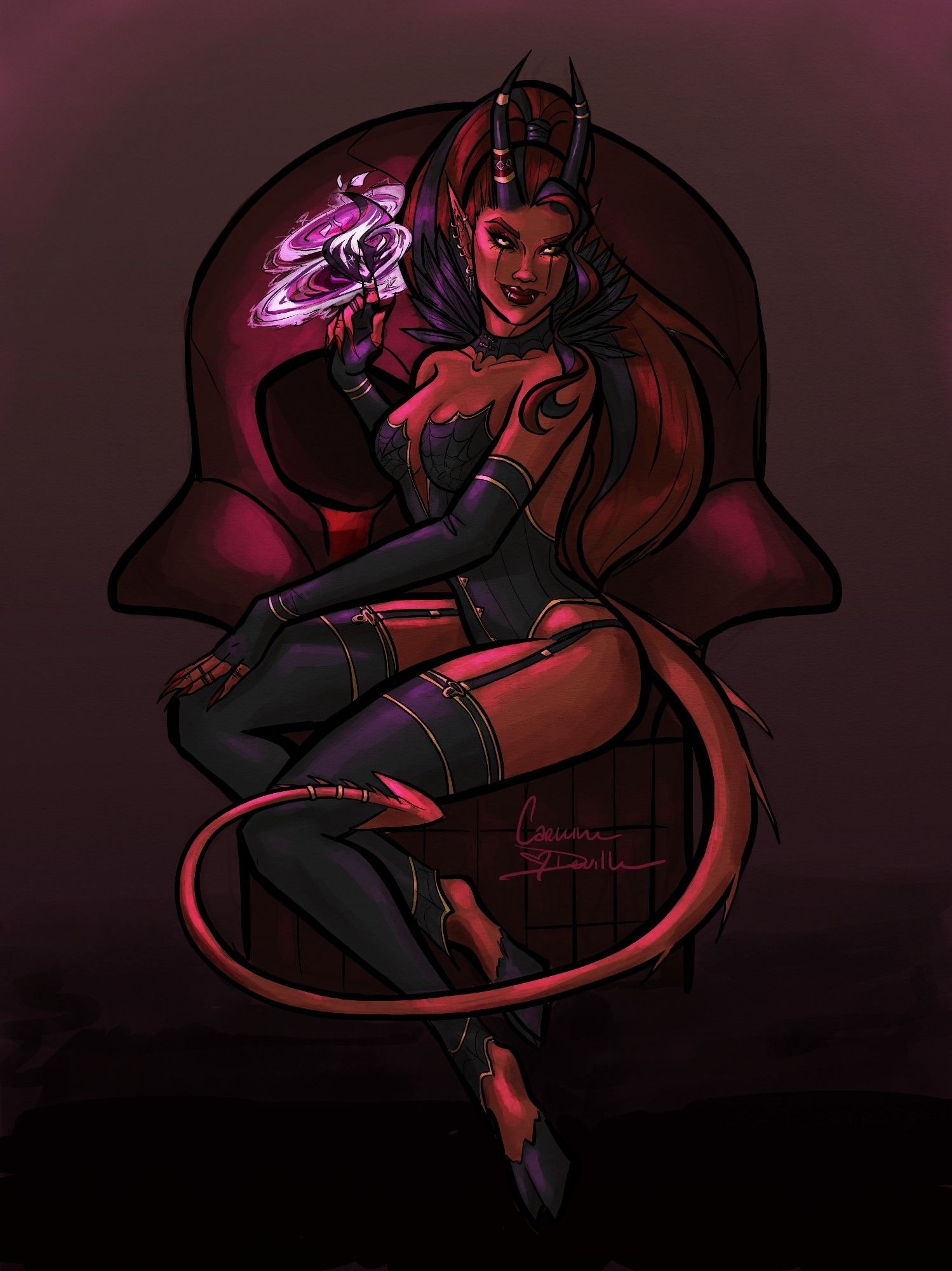 "I Spam Eldritch Blast"
OC, Mori
Image of a red Tiefling woman with long red and black hair pulled into a ponytail sitting in a pinup pose on a burgundy skull chair. She wears a black spiderweb corset, garters, and a black feather collar, and holds up a finger encircled in swirling, cracking magic.