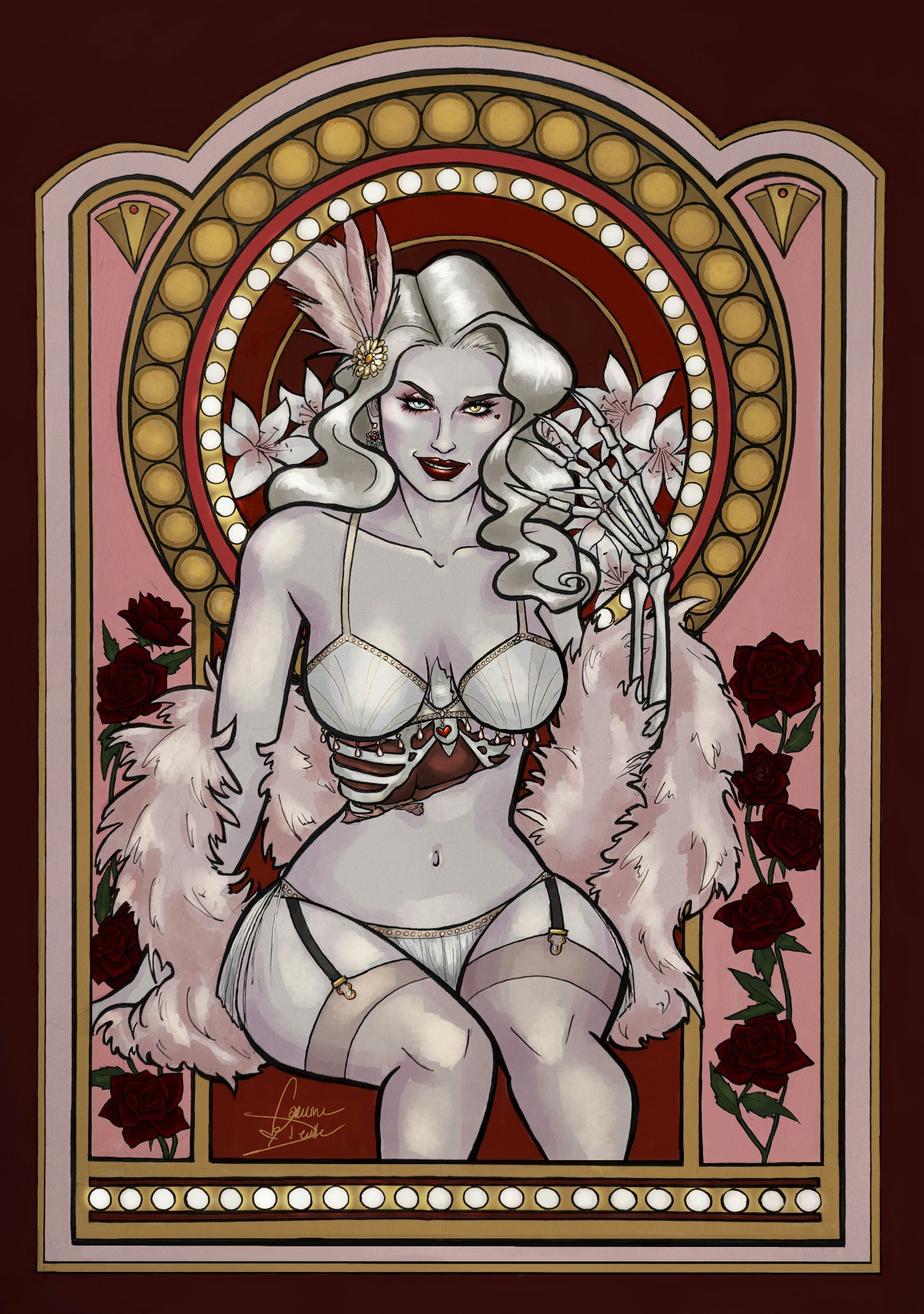 "Frankenstein" by Rina Sawayama
OC, Zoya 
Art nouveau style image of a pale blonde showgirl sitting with a pink feather boa against a gold, pink, and red background. She is smiling coyly. Her left arm and hand are skeletal, and part of her ribcage and organs are exposed. White lilies are piled behind her, and dark red roses bloom up the sides of the picture.