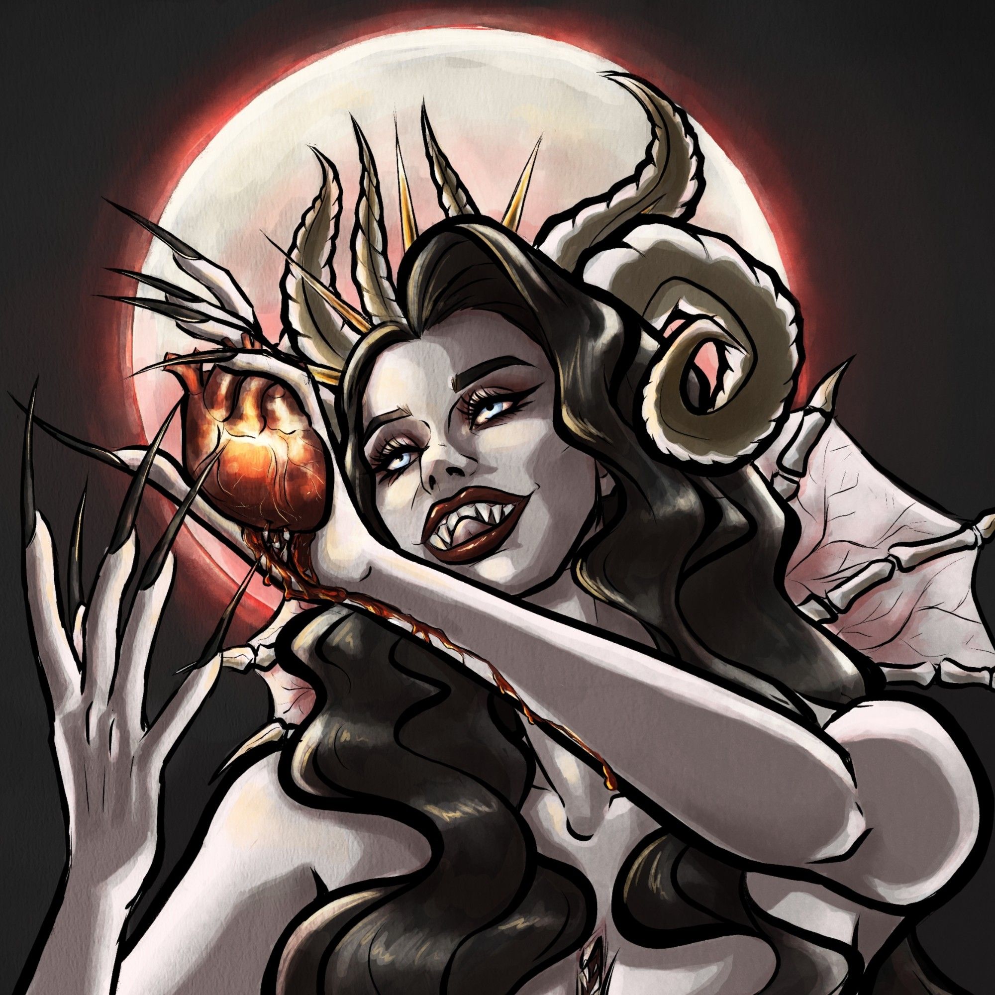 Digital painting of a deathly pale woman with long dark hair, multiple curling horns tipped in gold, and fangs backlit by a full moon against a starless night sky. She ecstatically holds a fresh human heart in one clawed hand as the fanged mouth in her palm bites into it, spilling blood down her arm. Golden light pulses at the center of the heart and sparkles through the blood rivulets.