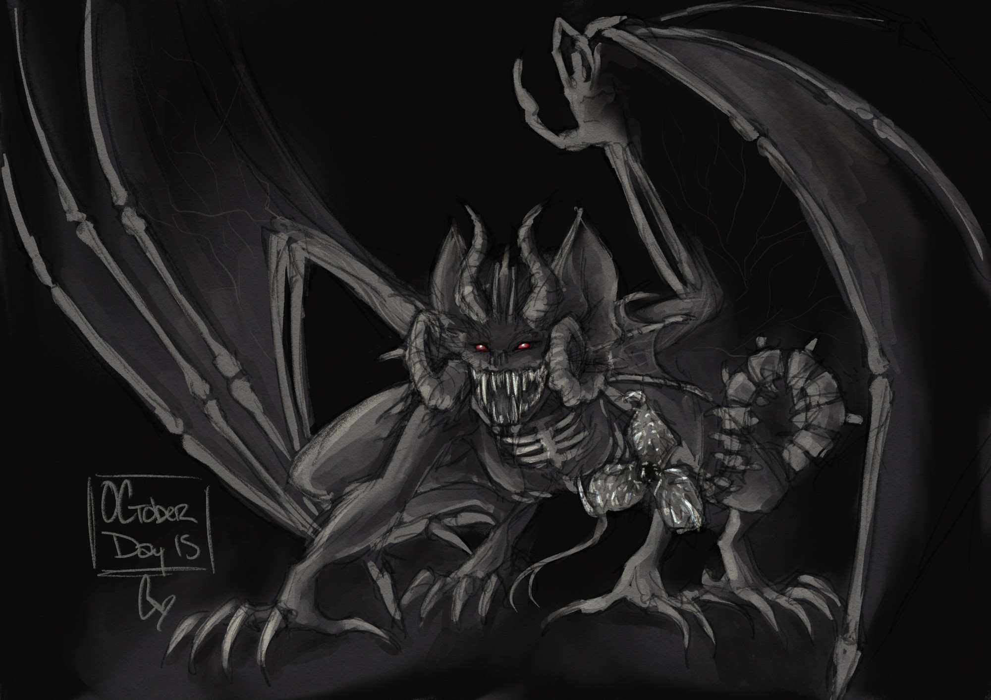 OC, Victoria Sweet
Greyscale sketch of a huge, horrid, gargoyle-esque creature with partially skeletal wings, curling horns, an exposed ribcage, and a verbetral tail ending in toothy, petal-like jaws. She crouches in the darkness, grinning with an unnaturally wide mouth lined with rows of long, vicious teeth.