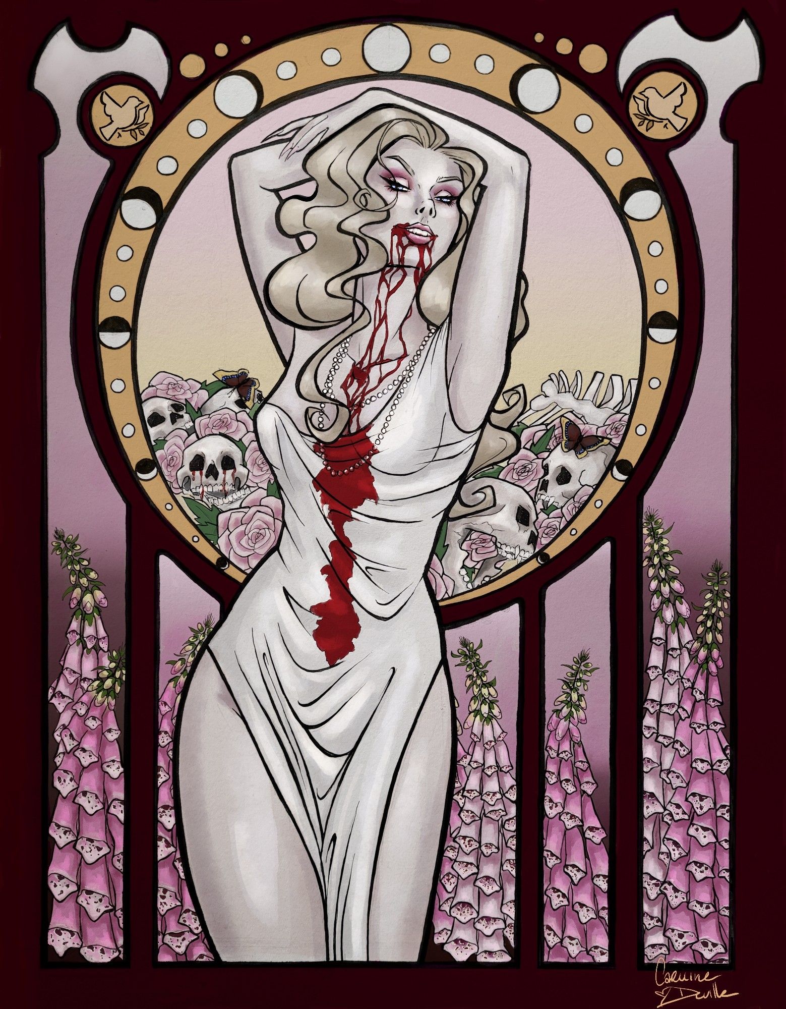 OC, Victoria Sweet
Art nouveau style image of a pale woman posed with her arms above her head against a pink, rust, and gold background. Skulls, ribs, and pink roses are piled behind her and foxgloves in various shades of pink grow from the bottom of the page. Blood drips from the corners of her grinning mouth and spills down the front of her dress.