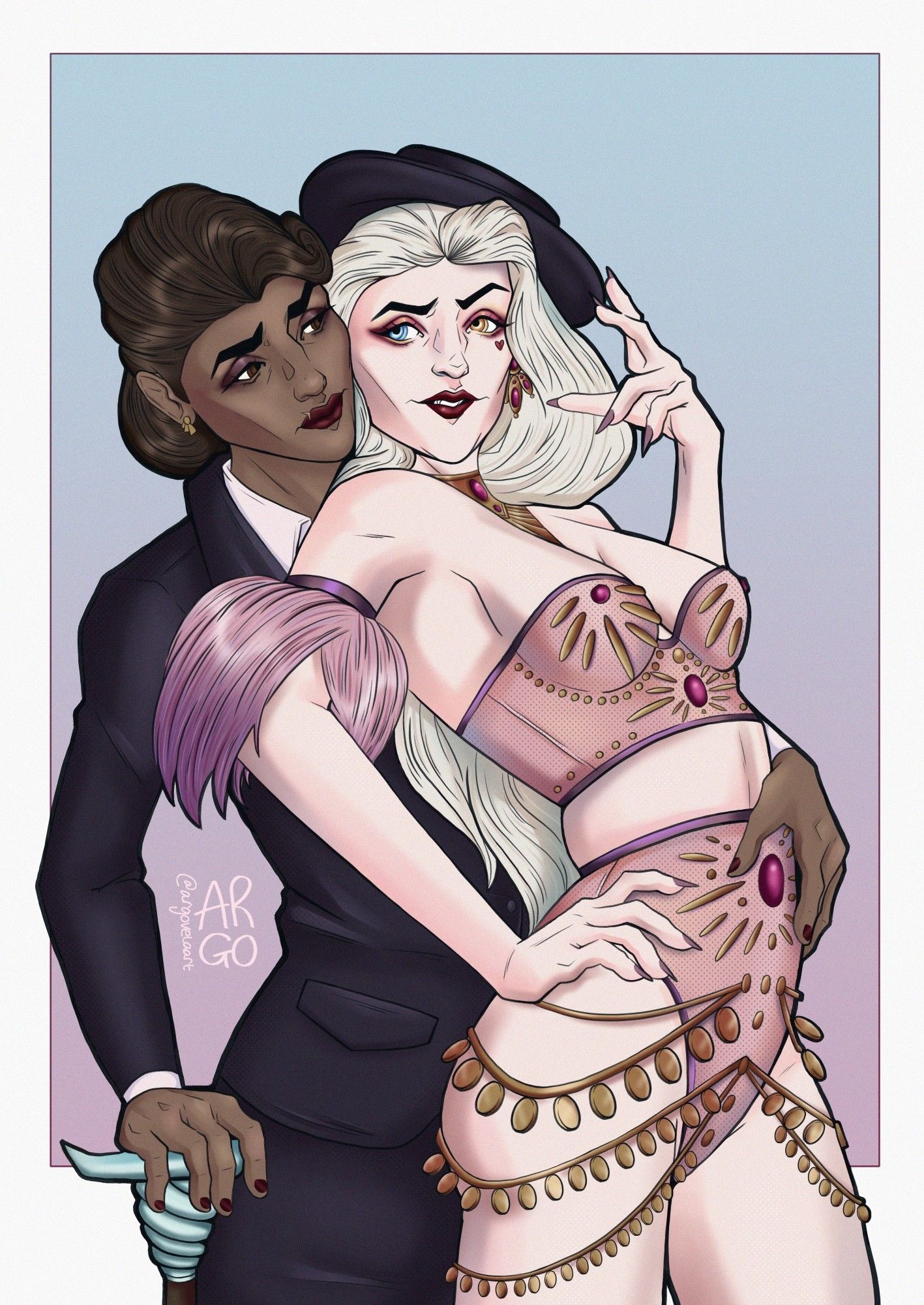 Bonus birthday commission by @argovelaart depicting Carmine's OCs, Lucita and Zoya.
Digital artwork of Lucita, a darker-skinned brunette woman in a tailored black suit leaning on a cane with one hand while the other arm loops around the waist of a pale blonde burlesque showgirl wearing a pink costume adorned with sparkly golden accents, who leans playfully back against her and poses with Lucita's hat tilted jauntily on top of her head.