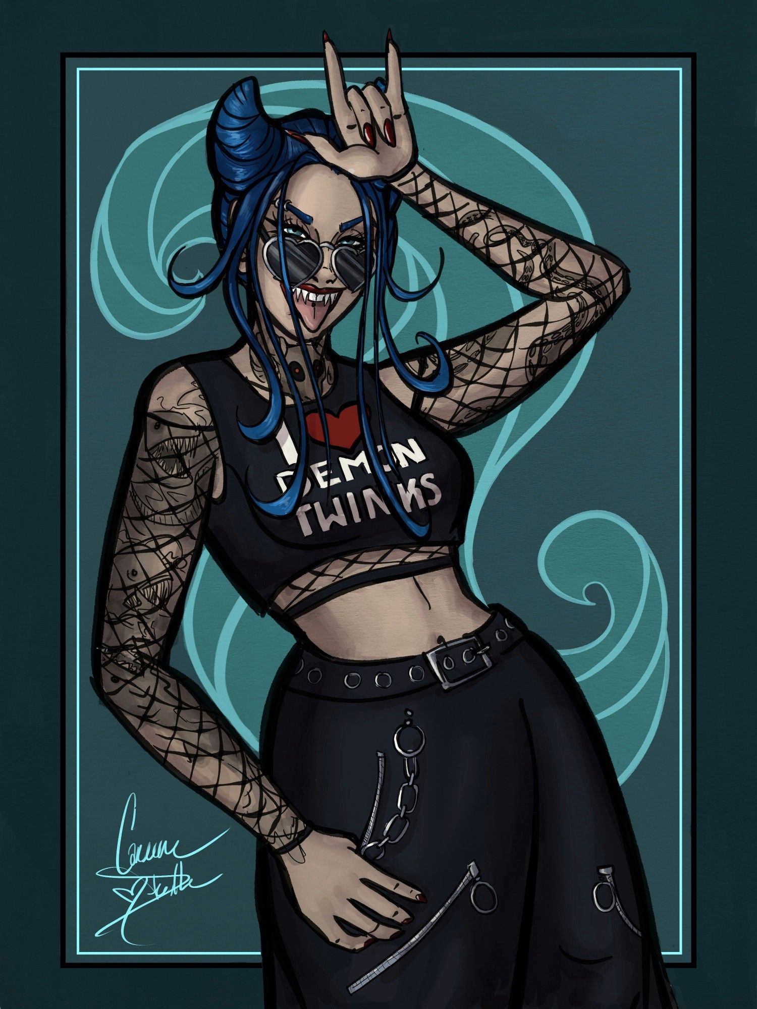 "My Demon" by Stitched Up Heart
OC, Marcela
Digital artwork of a blue-haired woman with her hair twisted into pointed space buns posing with her hand in a "rock on" position at her forehead like devil horns and her other hand loosely tucked into the pocket of her loose pants. She wears black heart sunglasses and a black crop top reading "I ❤️ Demon Twinks" over a fishnet top, and sticks her tongue out playfully, showing off her pointed teeth.