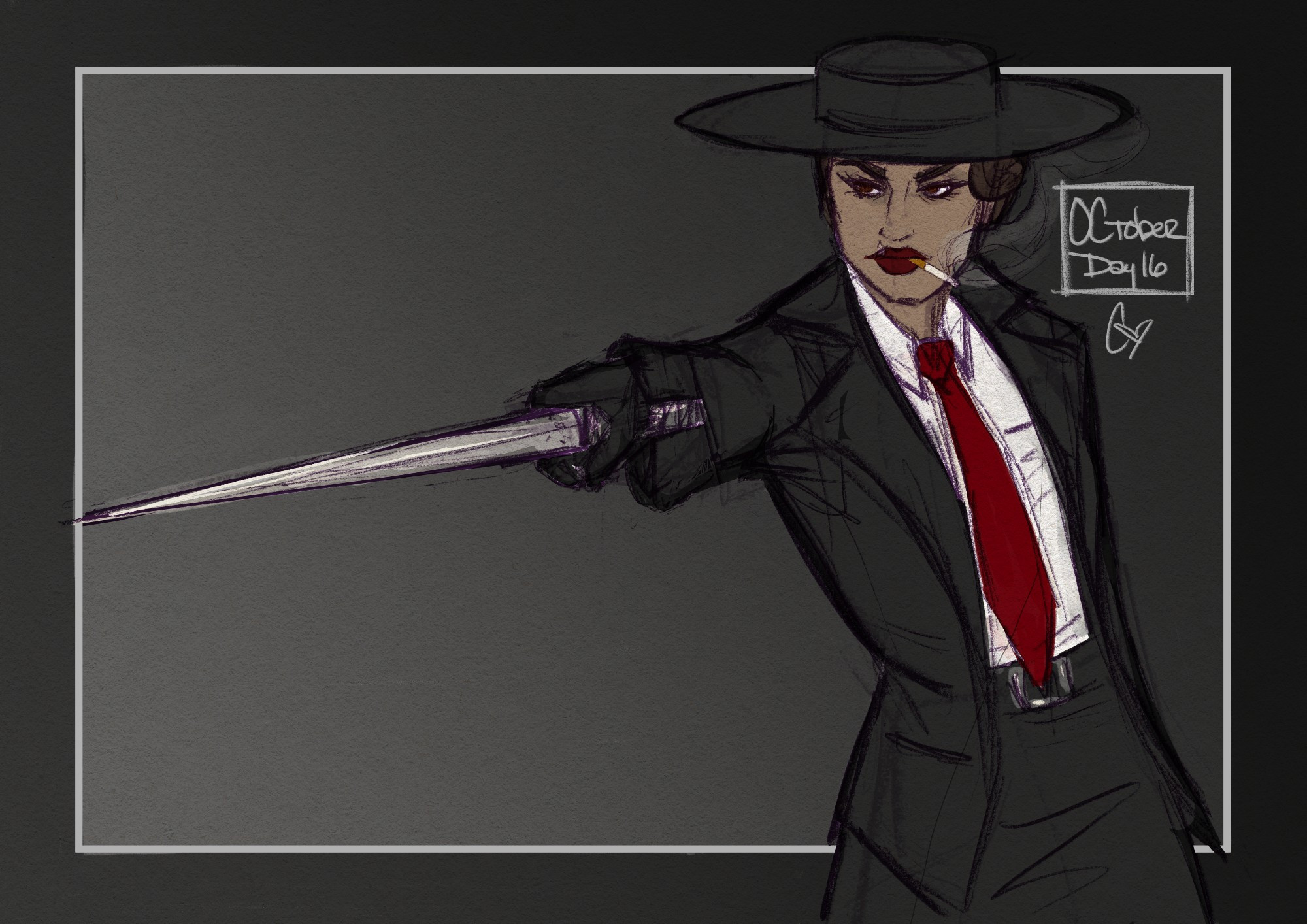 OC, Lucita
Rough color sketch of a disgruntled Latina woman in a black suit, red tie, and panama hat pointing a thin sword towards someone out of frame. A lit cigarette dangles from her red lips.