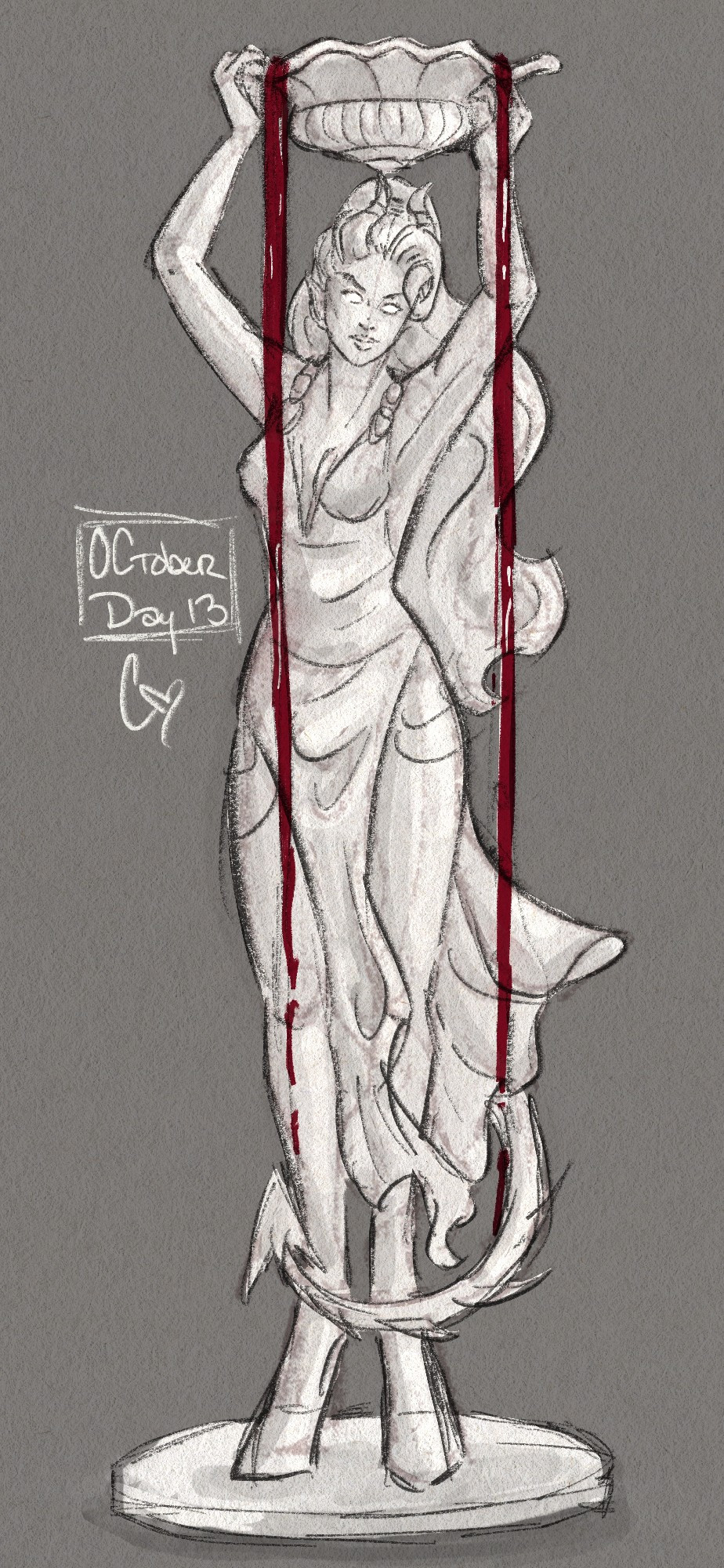 Digital sketch of a marble statue of a tiefling woman in a windswept dress holding an orange bowl above her head like a water fountain. Blood spills over the sides.