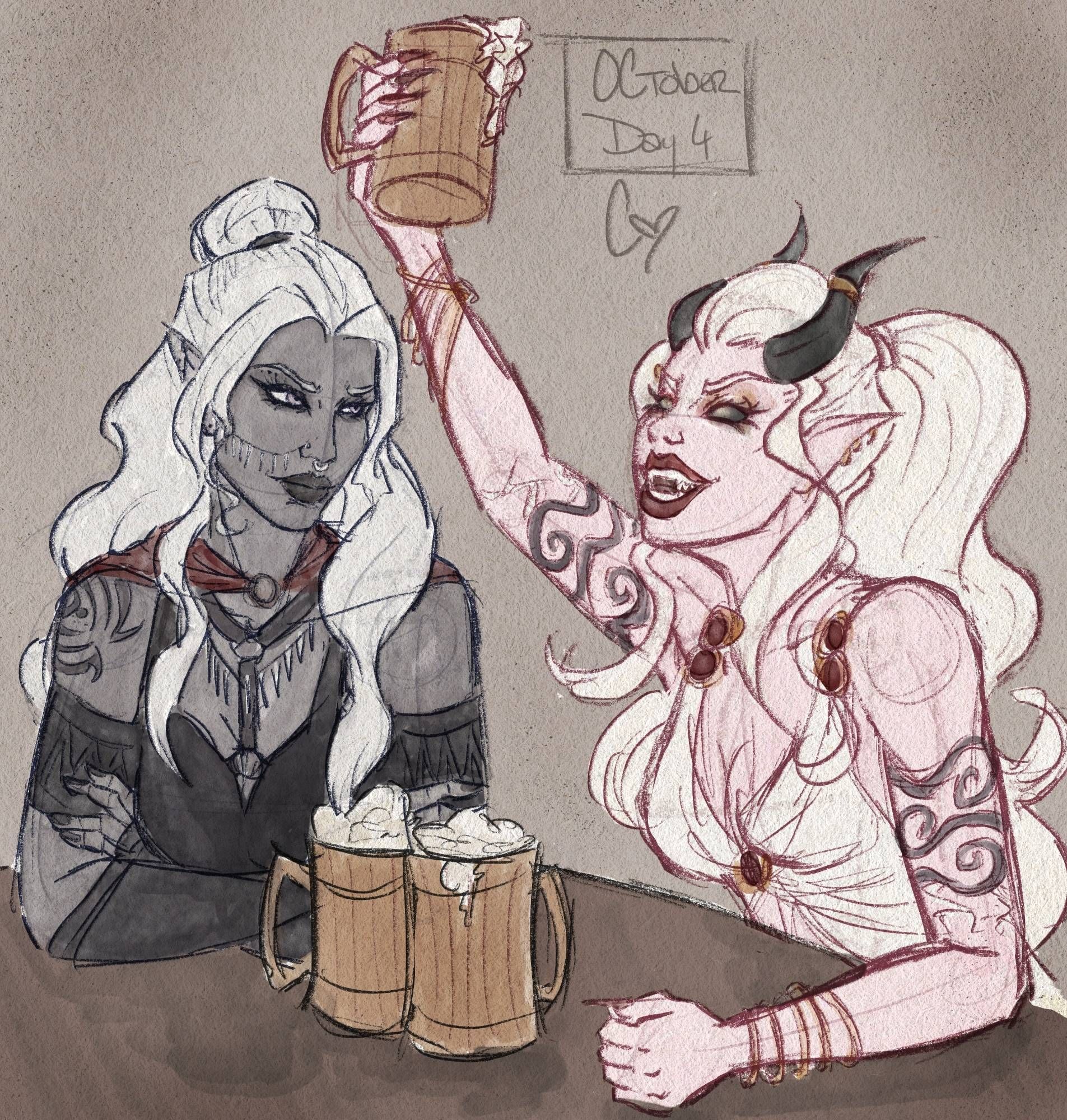 Faded color sketch of two women sitting at a tavern table with several mugs of ale. The pink tiefling lifts one enthusiastically above her head in a toast, while the drow in black folds her arms and raises a brow at her, skeptically she can drink all three cups.