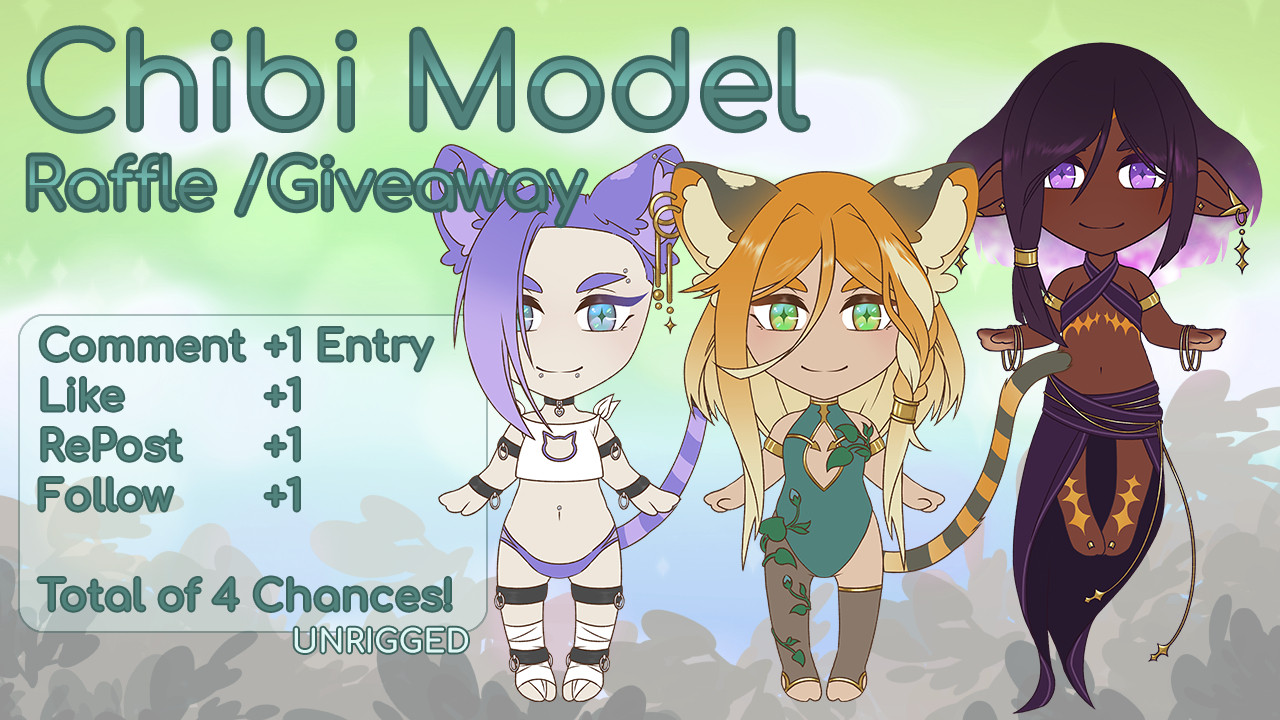 Image showing off three Chibi Model's Ettie has drawn. Text on image is "Chibi Model Raffle / Giveaway" "Comment +1 Entry Like +1 RePost +1 Follow +1" "Total of 4 Chances!" "Unrigged"