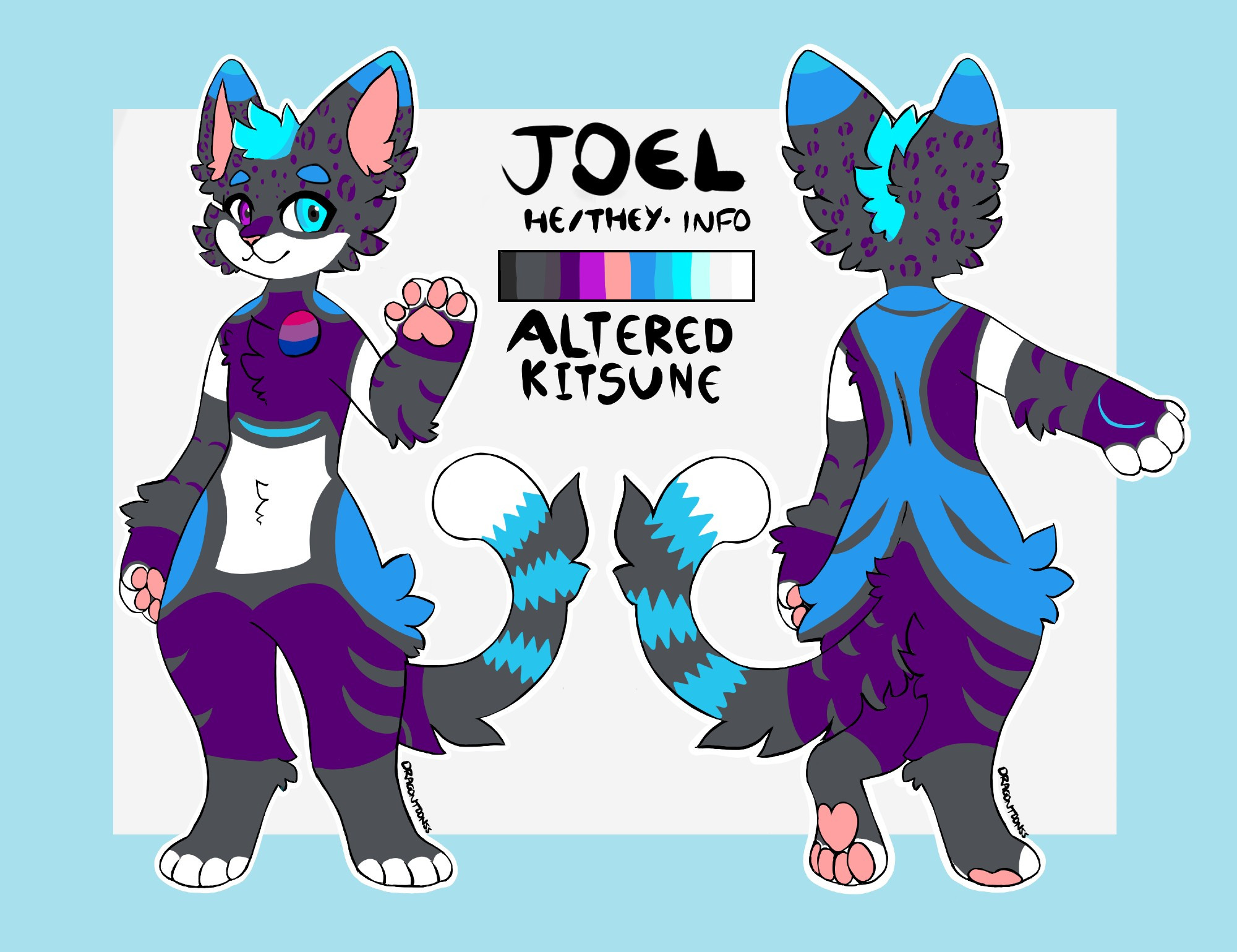 A reference sheet of my fursona
Name: Joel
Pronouns: he/they
Species: Altered Kitsune(their base form is that of an anthropomorphic cat)