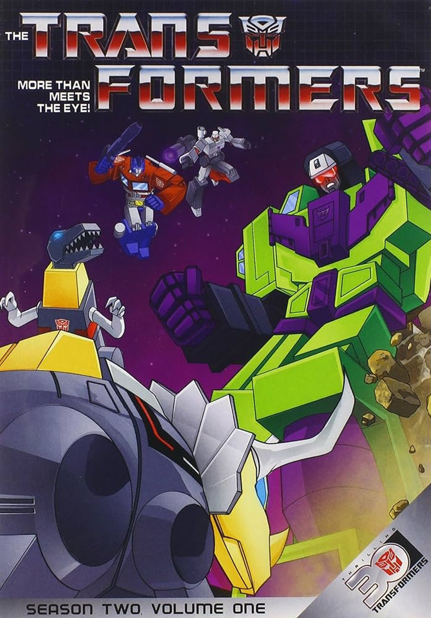 DVD cover for the first volume of the 2nd season of "The Transformers", featuring Optimus Prime and Megatron fighting in the sky while Devastator fights the Dinobots.