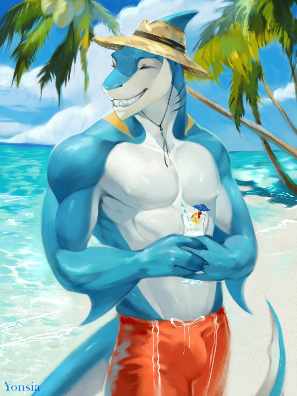 Sledge the Shark doing what he likes the most, chilling near the water with a tropical drink. 

🎨: Yonsia on FA