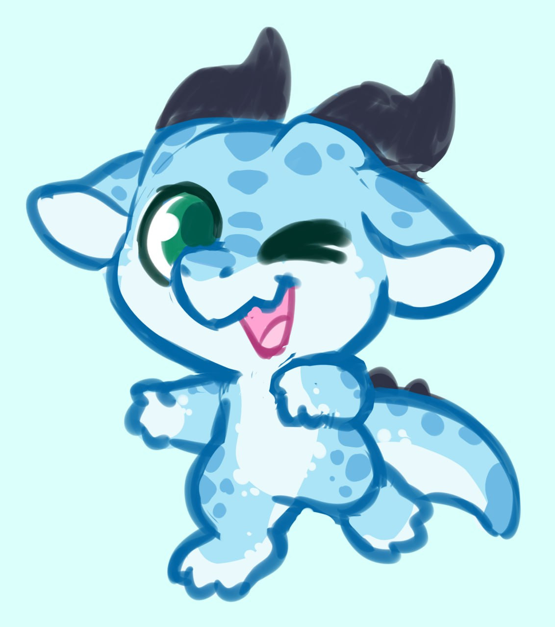 It's me!
My blue kobold with black horns and green eyes doing a cute little wink
