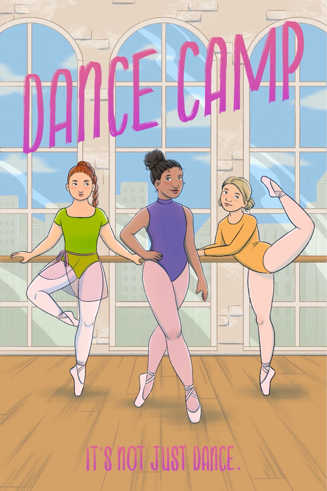 Three ballerinas posing in front of large windows overlooking the city. Titled ‘Dance Camp’.