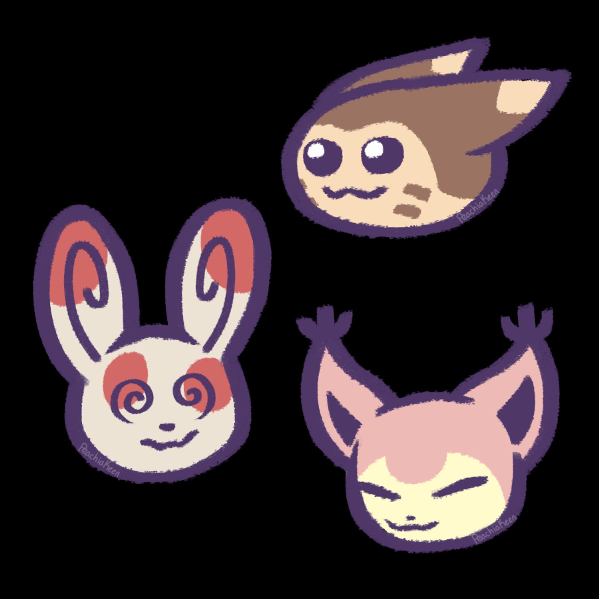 A digital drawing of the heads of Spinda, Skitty, and Furret, creatures from the "Pokémon" video game series.