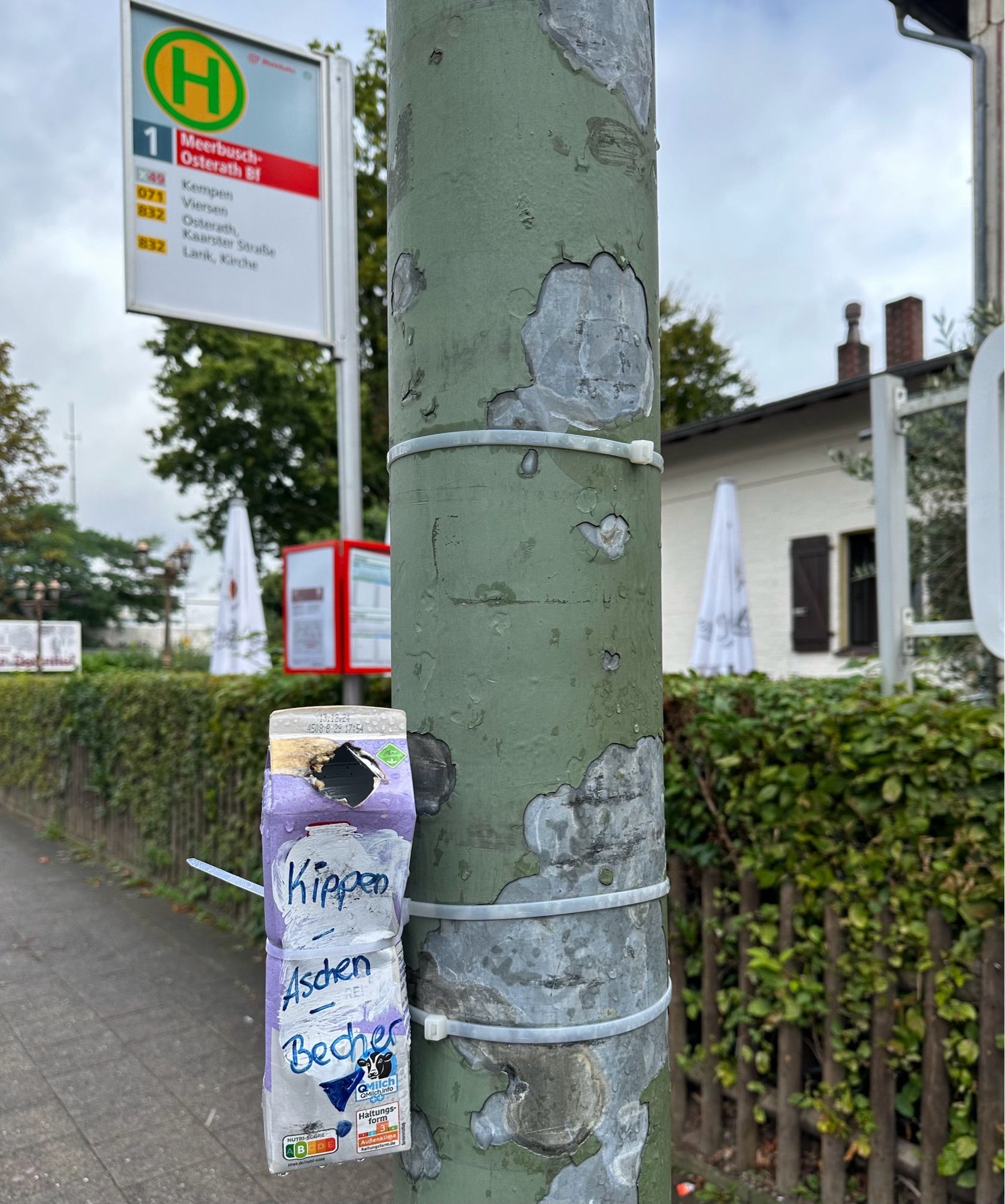 An einem Laternenpfahl ist mit Kabelbindern eine Milchtüte befestigt mit der Aufschrift "Kippen Aschen Becher". Im Hintergrund eine Hecke und ein Haltestellenschild für eine Ersatzhaltestelle.