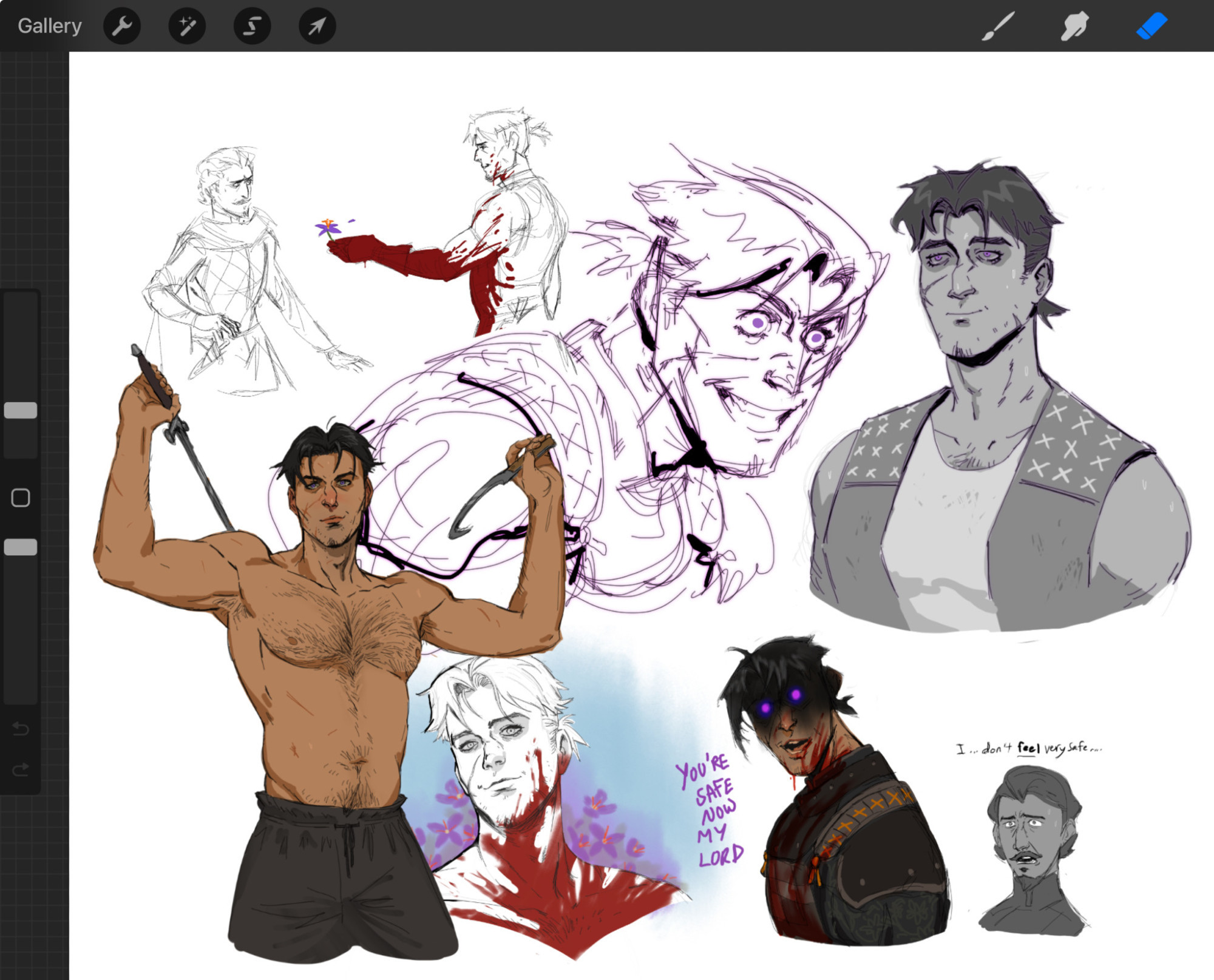 sketch dump page of my dnd oc Stefan Fiore. Tall man with messy cut black hair tied in a short ponytail and poofy bangs. Lots of scars. often covered in blood. Piercing violet eyes. Pics of him looking crazed in battle or chilling. 