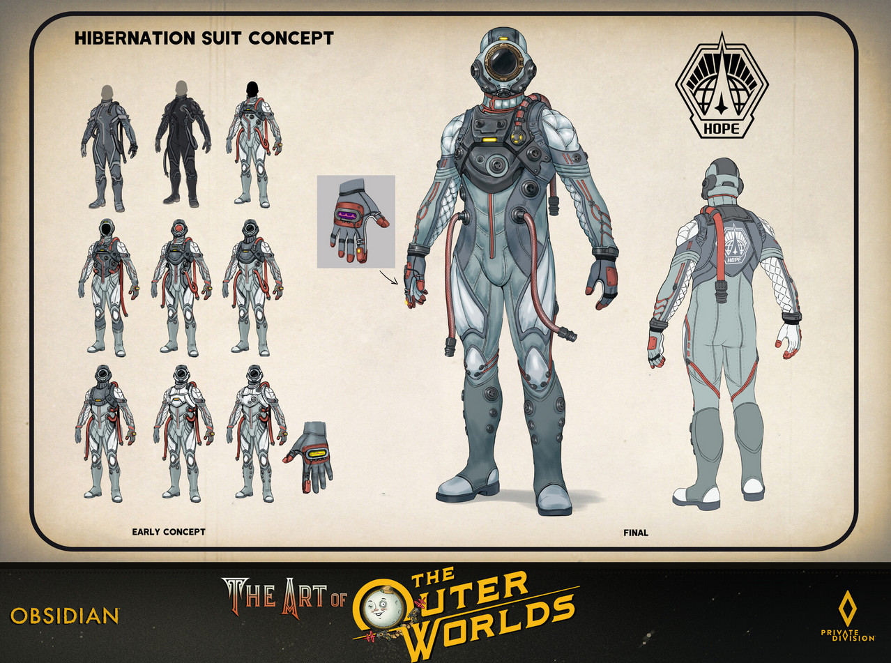 concept art from the outer worlds of the hibernation suit the player starts in.