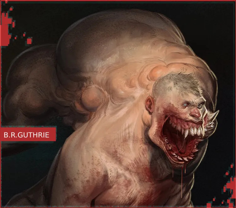 scary mutated monster guy with big toothy maw and tumor growing out of back.