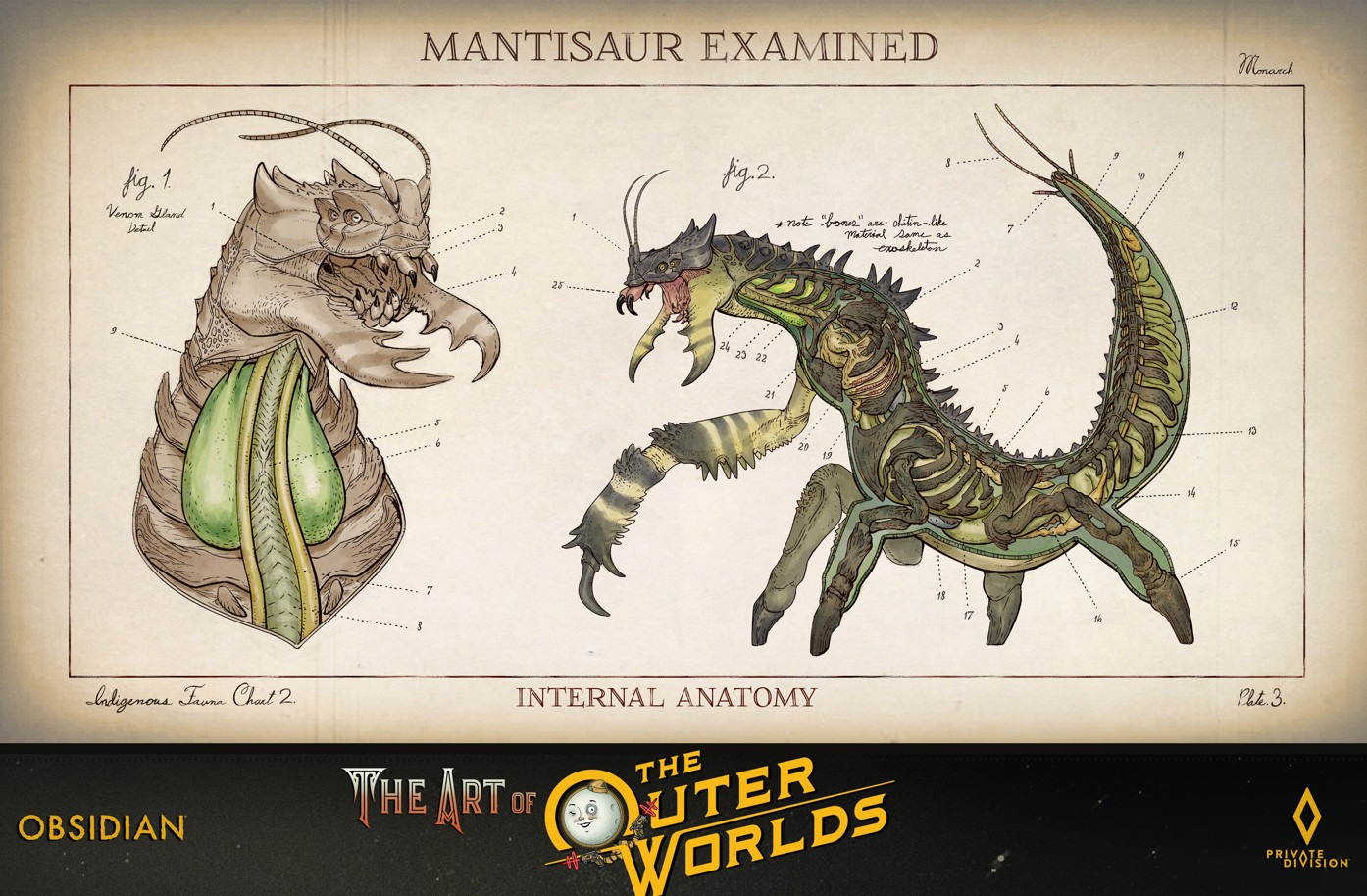 Mantisaur naturalist art from the outer worlds game. Giant bug type alien.