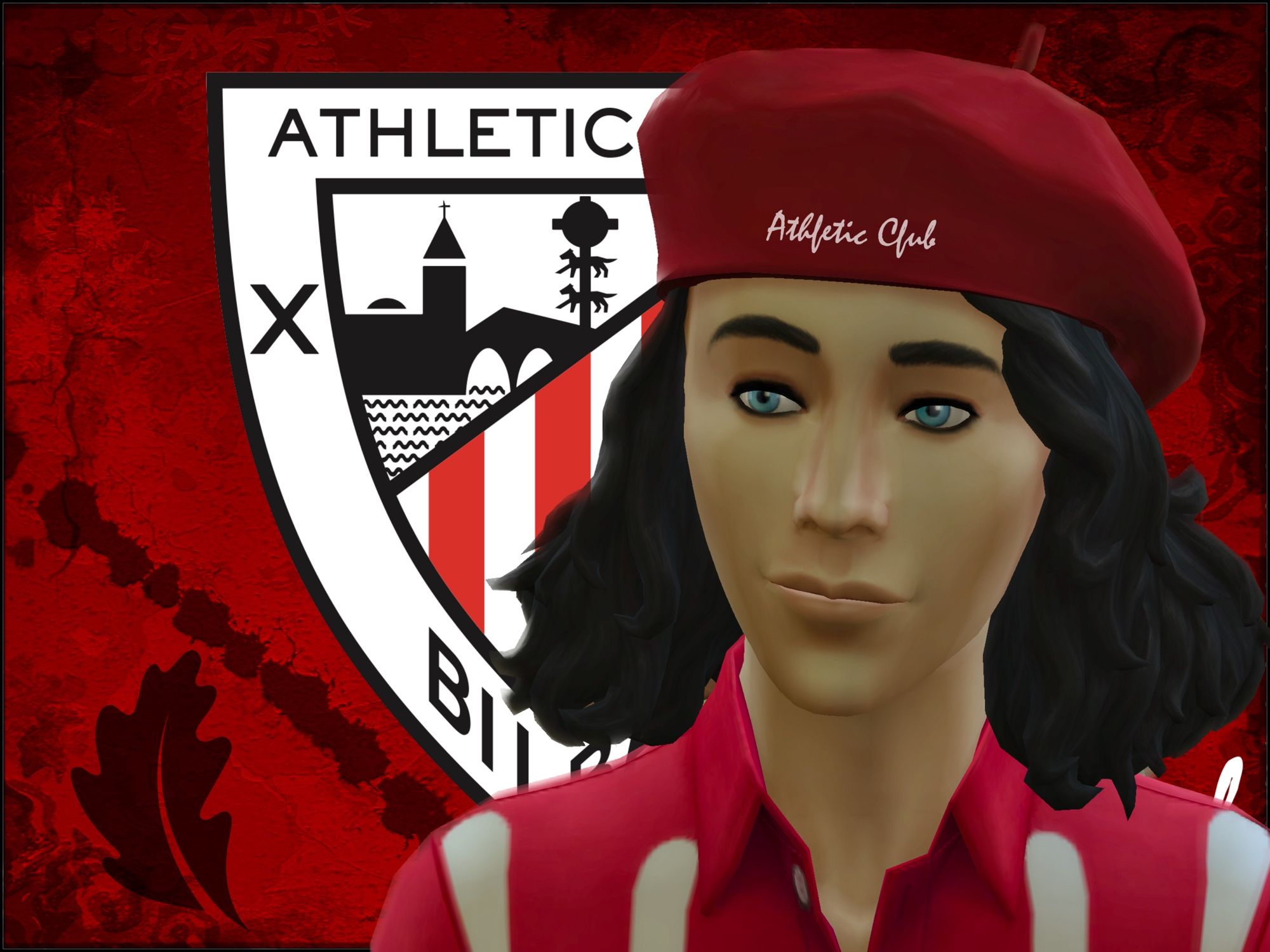 Athletic Club Bilbao shield with a The Sims 4 character wearing a red-white shirt and a red Basque beret infront of it.