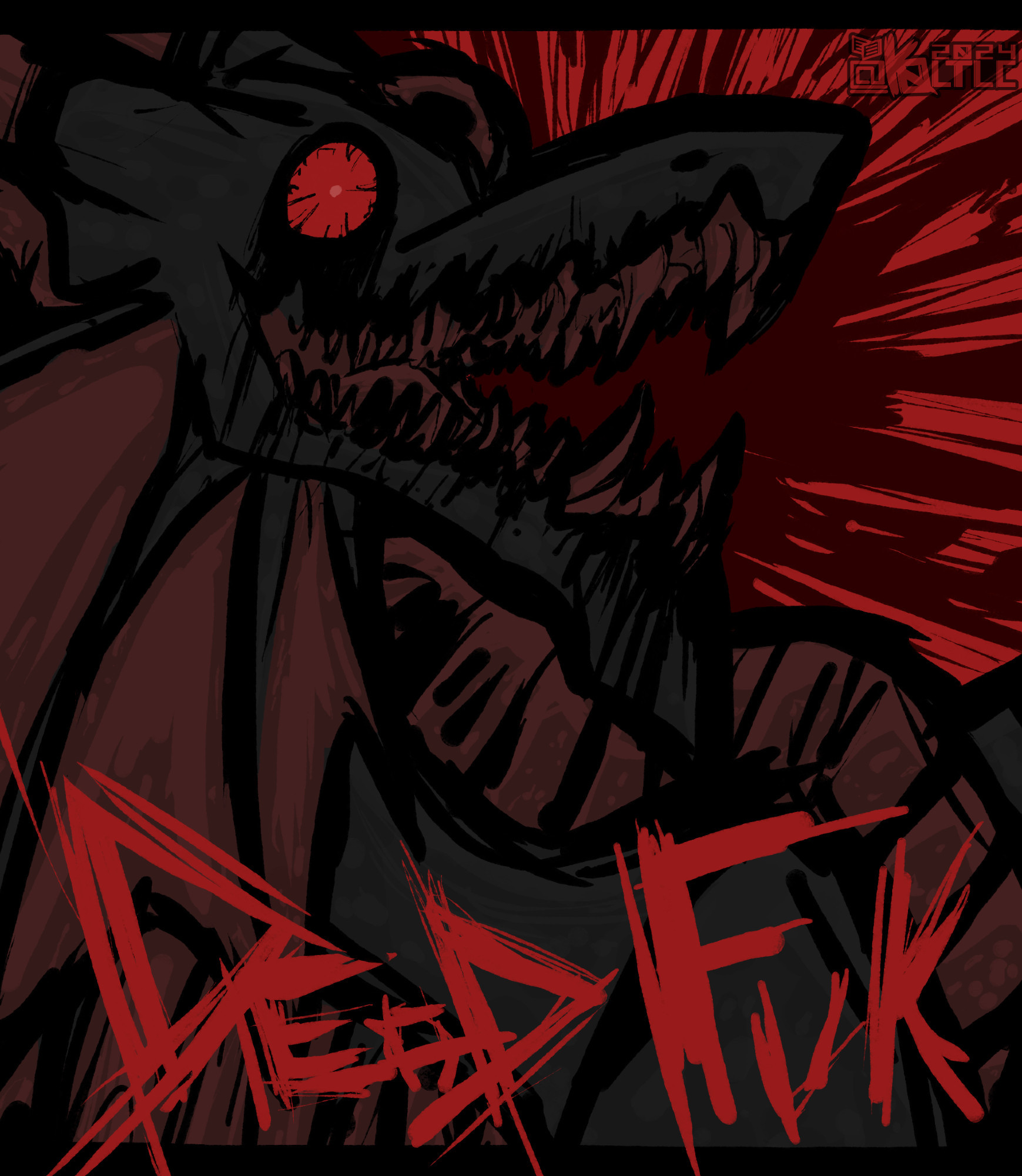 A black and red image of a savra (dragon-ish creature). Main color is a sort of charcoal black with the third eye, horns, inner ear, inner mouth, fins, and belly scales being a desaturated red. Eyes are a more saturated red and bloodshot. A black substance oozes from the eyes and mouth.

"Dead Fuk" is scratchily written in the foreground, a saturated red. A sort of splatter-like depiction in the background, with the substance being a darker saturated red on the brighter saturated red bg.

Overall, image has a sort of a "quickly sketched with a bold permanent marker" vibe to it. Partly inspired by the punk-related documentaries I've been watching recently.