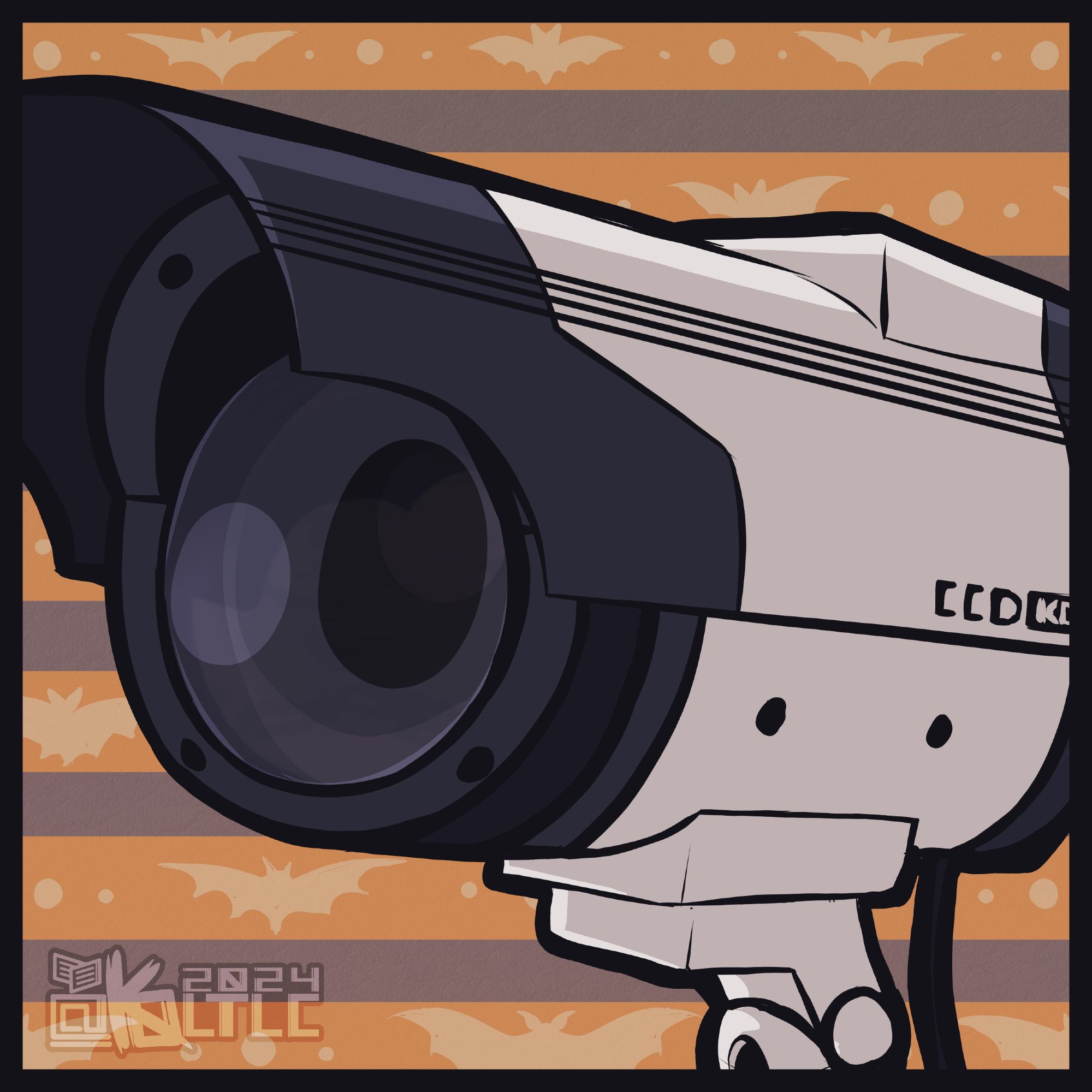 Headshot of (x), a CCD security camera objecthead.

He's looking at the viewer.

Background is an orange and purple stripe theme, where the orange has lighter orange bat and orb markings along the strips.

This was my attempt at a halloween icon, which failed (doesn't look good when small) but still looks wicked good at fullsize. Lol.