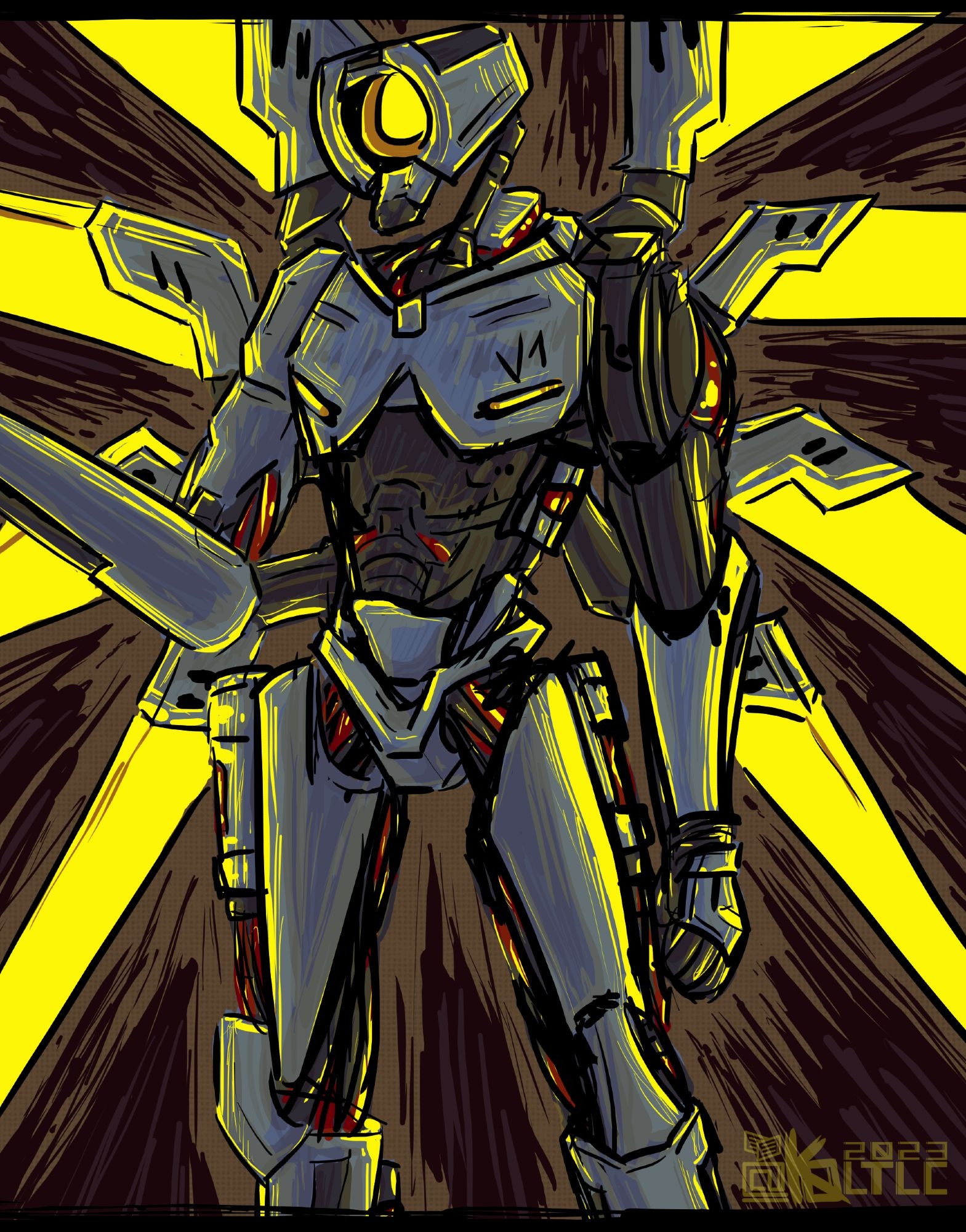 Image depicts V1, a black and blue robot with a glowing yellow eye and wings. Heavily referenced the first concept art (by jericho_rus) for it because it was the first image I pulled up. Lol.

[Full context]
I really wanna get into drawing robots so I can draw my characters but lack experience. Decided the best way to go about it is to draw fanart of existing bots so I can learn like, what everyone else does. Lol

First bot to my mind was V1. I've drawn him before but never really drew him with the intention of learning. Went ahead and took the first image I found and heavily ref'd it as I lazily sketched, allowing myself to make mistakes because hey, here to learn, not stress over perfect details.