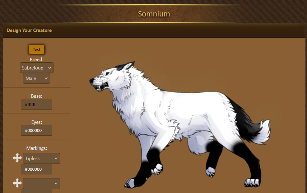 A sabreloup (essentially a wolf with sabre teeth) with black "tipless" markings (black along the outside of the ears, black socks missing the toe tips, and a black tail missing the tip).

Unlike my suggestion post, this is in the sites Somnium (custom creature section) where you can select your breed of creature (from 8 existing species), colors, and markings.

Tipless is the only marking added to show it off.

I'm so happy.