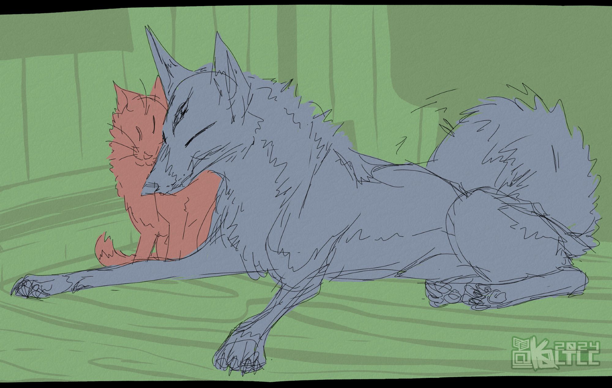 A basic colored dootch (doodle / sketch) of:
- a large blue canine. kinda fluffy, especially around the neck and curled tail. cropped ears, a third eye. generally husky markings.
- a decent sized red house cat, also kinda fluffy. tuxedo-ish markings and a third eye.

The cat is sitting next to the canine, headbutting happily, eyes closed and probably purring. The canine is also happy, tail wagging and eyes closed as well.

They're in a basic corner of the house. Quickly doodled wooden walls, window, lamp, couch, wall heater, and floorboards. Green.

I think I was in the mood to draw something nice, lol