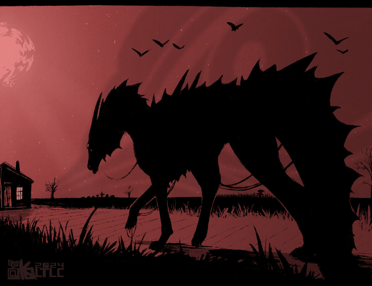 Black and red silhouetted image depicting a savra (dragon ish creature) walking along a path towards a small house in the middle of nowhere. 

The sky feels empty, an odd sun or moon beaming down light, pinpricks of what might be stars or holes shimmer with the only clouds being faint and strangely eye-like. A few birds fly in the opposite direction of the savra.

A few dead trees, a graveyard, and cornfield with a scarecrow are all that exist in the otherwise barren landscape.

A light is on in the house.

The savra has strands of... something... dripping off it. It's paws leave footsteps of the same substance. It might be blood. or ink. or something.