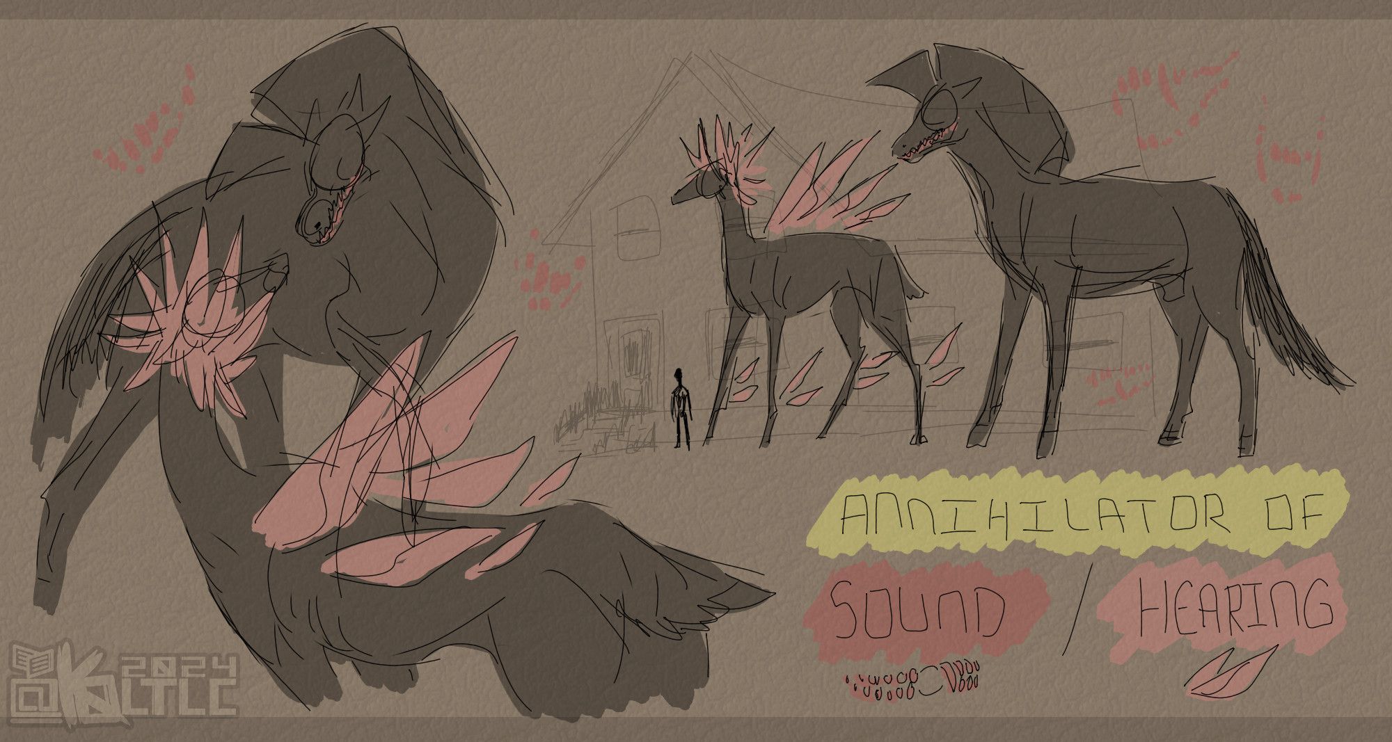 Two quick dootches (doodle/sketches) of the Annihilators of Sound and Hearing.

Sound, a monstrous silhouette of a horse/zebra mix, and Hearing, a monstrous silhouette of a deer. Sound is represented by teeth (audio: output) and Hearing is represented by ears (audio: input). Two halves of a whole, a sort of ying and yang dynamic.

Left is Sound and Hearing sort of circling each other. Right is the two standing next to a 6ft human in front of a two-story house.

Words write "Annihilator of Sound / Hearing" with corresponding teeth and ears drawn under them. Annihilator light is typically yellow but due to corruption Sound and Hearing are stained desaturated reds.