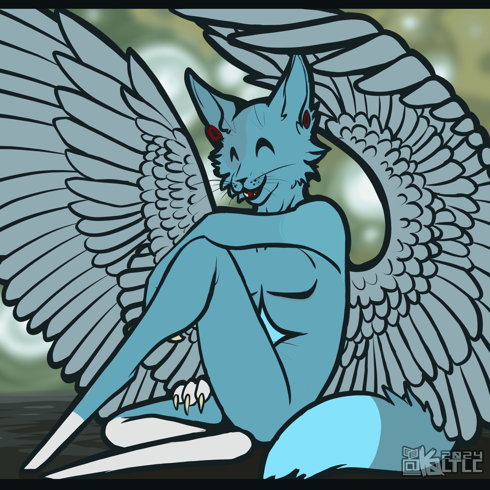 juggaloChaos's fursona; a desaturated cyan and white fennec fox / caracal mix with feathered wings, red ear gauges, top surgery scars, and legs that end in a point.

He's sitting on the ground under some trees. Happy closed-eye, mouth-open expression; one arm resting on his propped up leg, the other resting on his grounded leg. His wings are flared up around him, his tail curled under one of them.

Kai belongs to juggaloChaos; artfight.net/character/3903579.kai