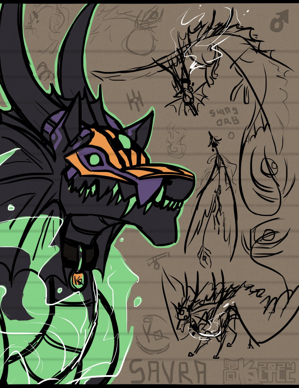 Image depicts more attempts at drawing my savra form.

A mainly black noodle dragon creature with notable points being the green forehead gemstone, green pupilless eyes, orange and purple mask, green jagged teeth, extended horns, fins along the cheeks and down the back to the tail, black collar, green wisp fire from the chest, big feathered wings, and a shiny orb held within the tail claws.

Colored / Left is a headshot from a kinda-side view. Shows off the mask, jagged teeth, collar, and wisp chest fire.

Top right: In flight, sort of front-down view
Middle right: top-down view, also in flight.
Bottom right: front-side view, standing akin to a cat who saw a bug on the ground, or something.

Faint bg fillers include collar, tag, gender, markings and symbols, shiny orb, and whatnot.