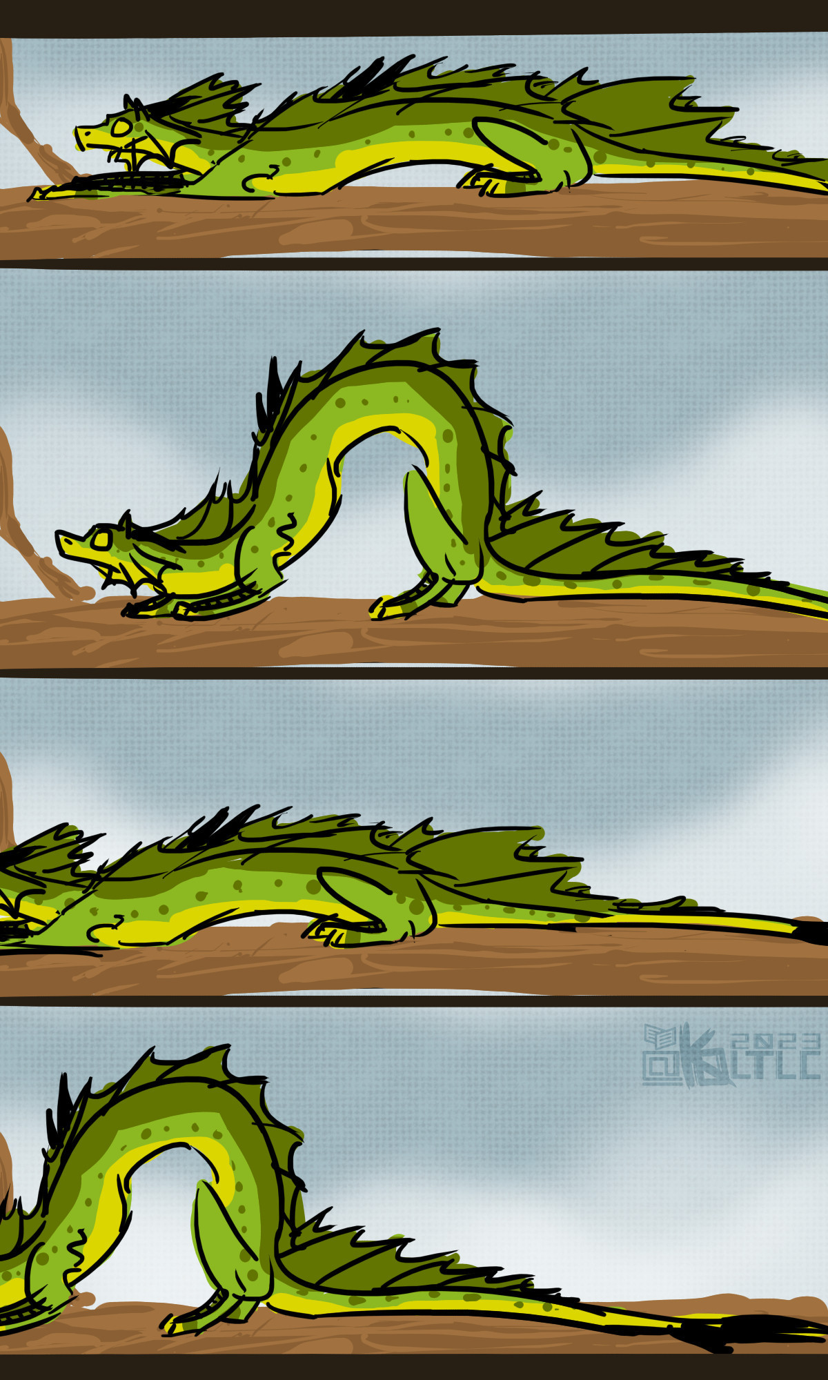 Image is four panels of an inchworm-colored savra (noodle dragon creature) slowly inching across the screen as it sneaks along the branch it's on.

First panel it lays across the branch.
Second panel is drags itself forward, creating the usual arch inchworms have.
Third panel is back to laying across the branch but slightly off screen.
Fourth panel is back to inchworm pose, even more offscreen.